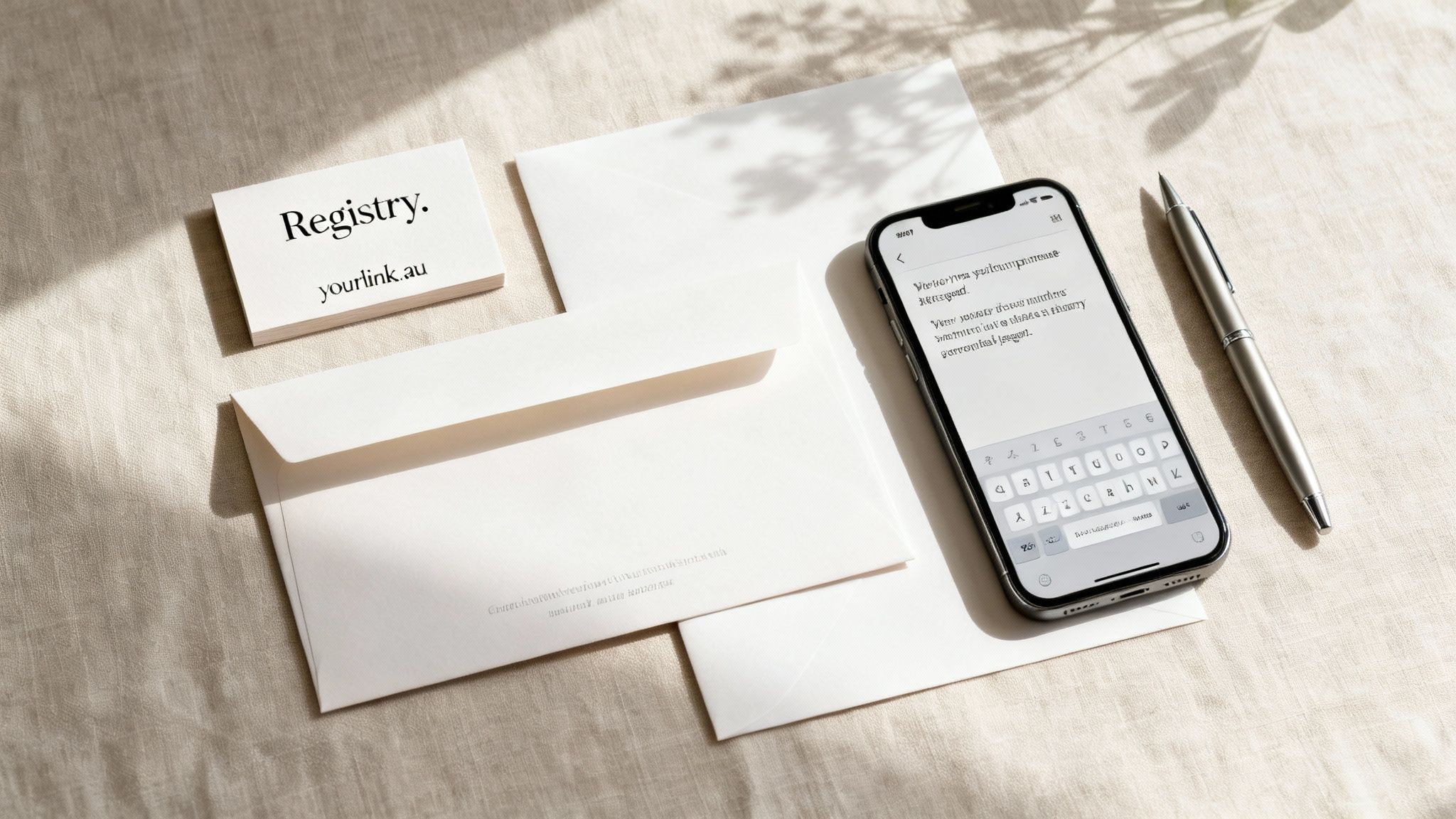 A person subtly sharing a gift registry link on a tablet with an invitation in the background.