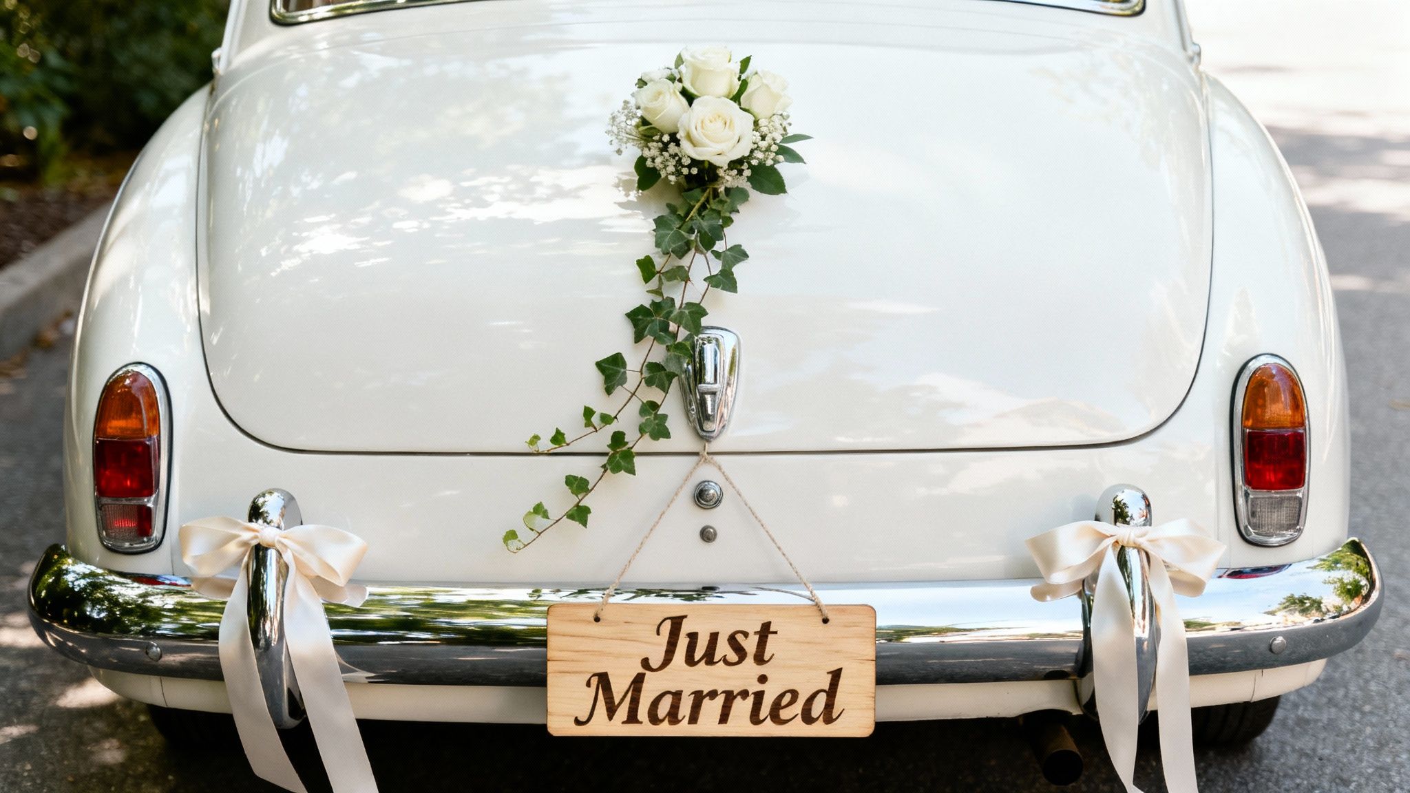 White vintage car with Just Married sign, white roses, ivy, and ribbon decorations
