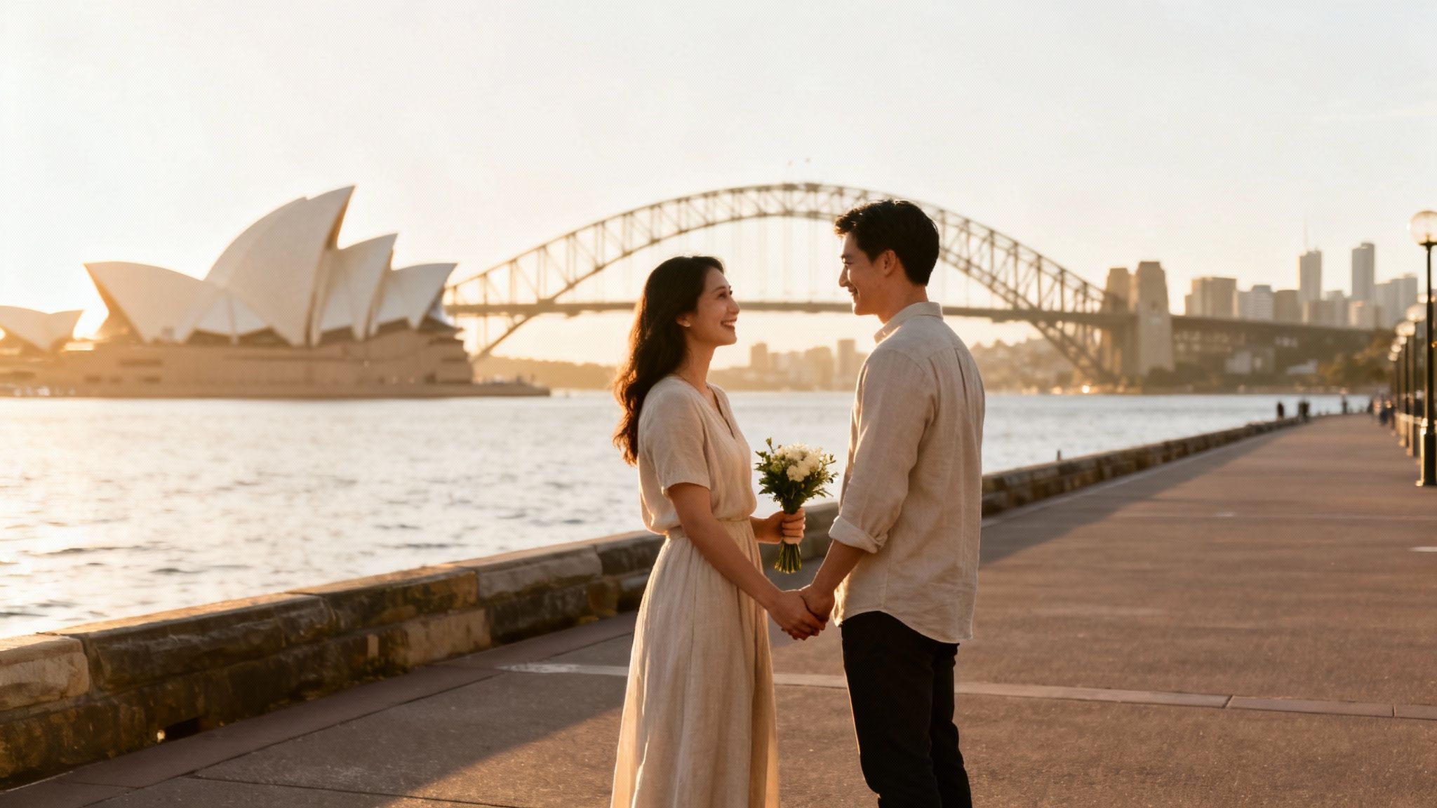 A happy couple holding hands and smiling near the Sydney Opera House and Harbour Bridge at sunset.