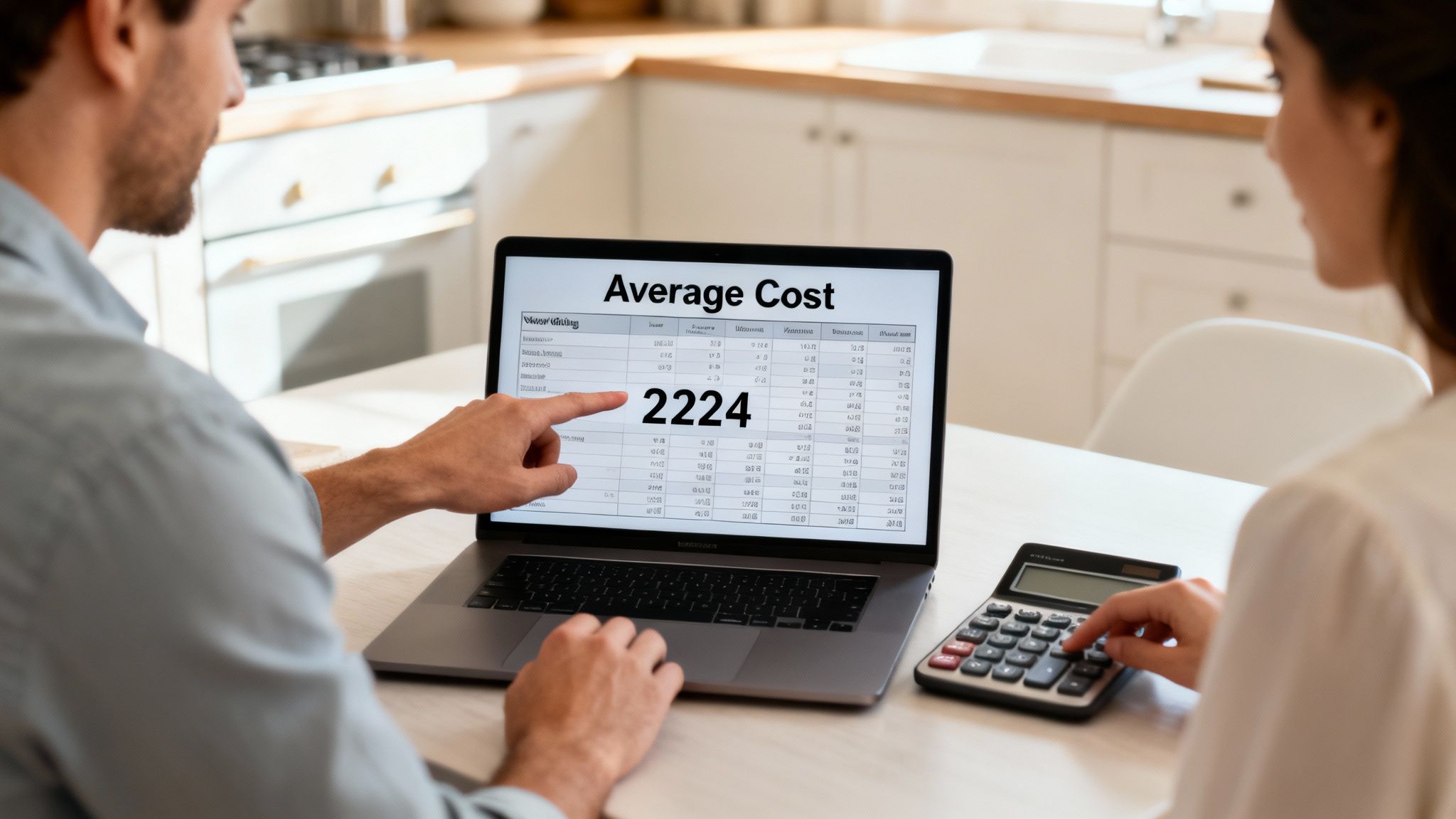 A couple is reviewing average cost data on a laptop, with the man pointing and the woman using a calculator.