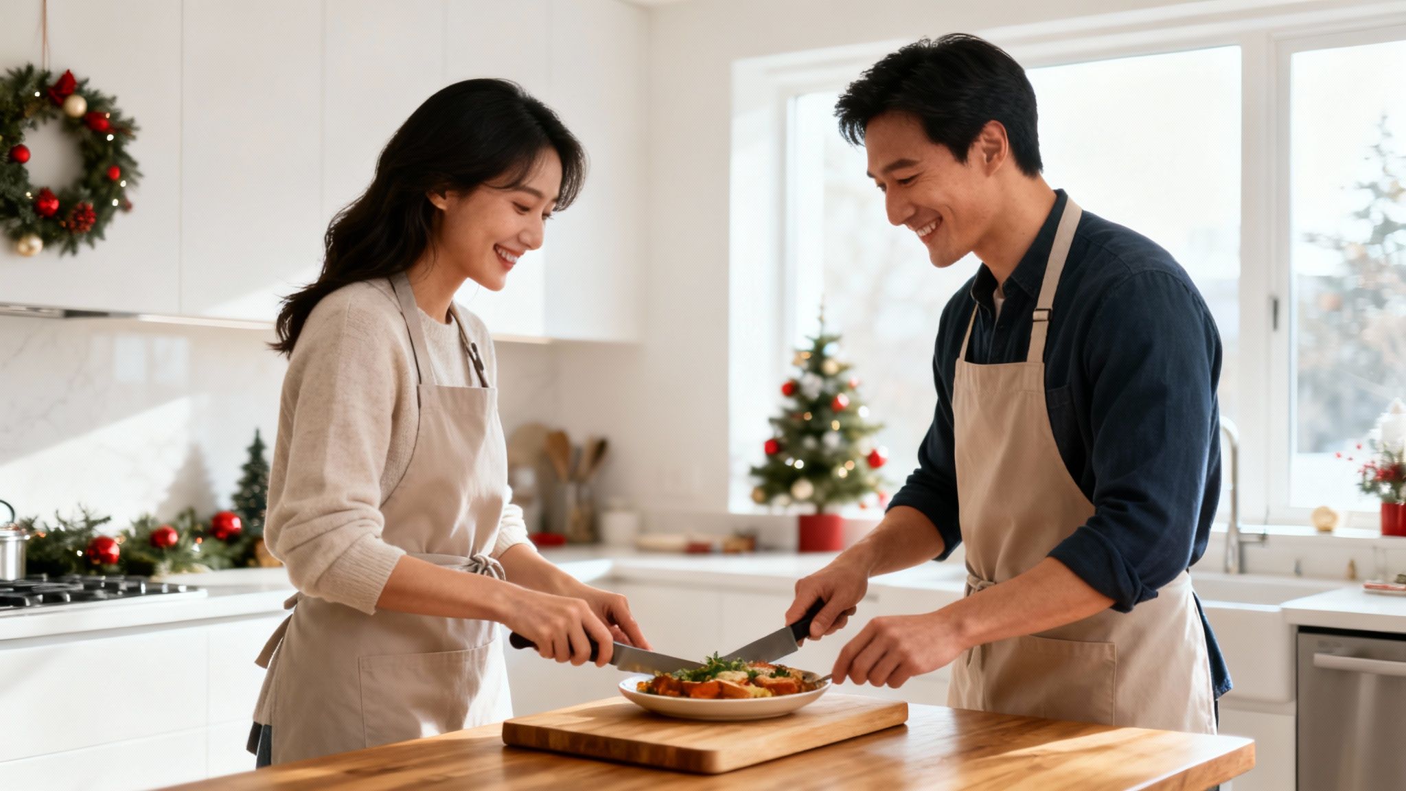 A happy Asian couple in aprons prepares a festive meal together in a Christmas-decorated kitchen.