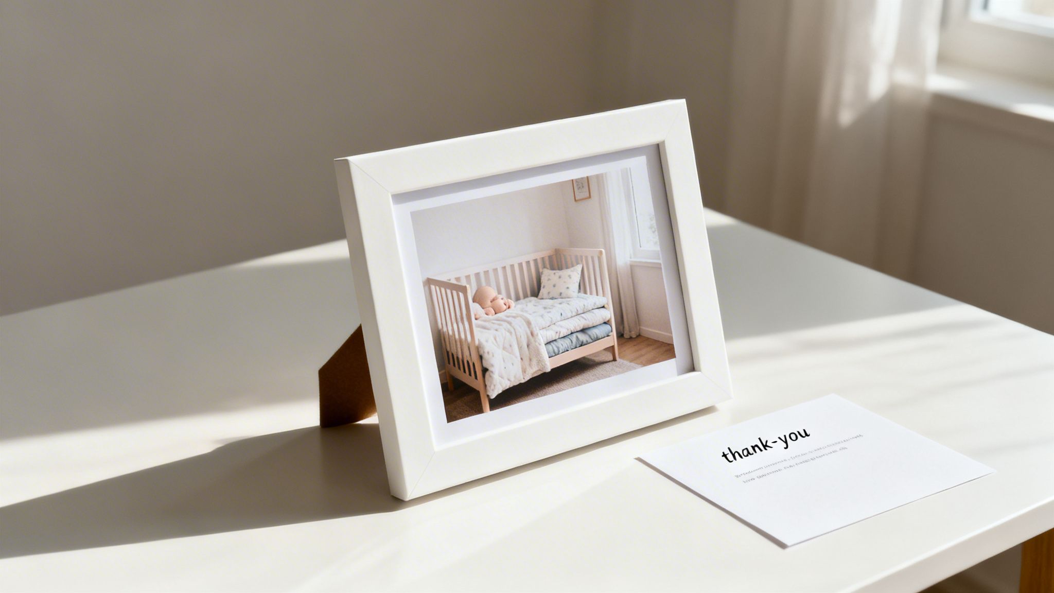 A white photo frame displaying a baby's nursery crib, next to a 'thank-you' card on a sunlit table.