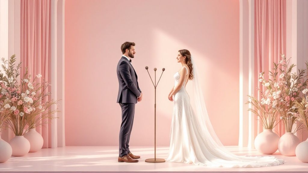 A modern couple giving a joint speech at their wedding reception.