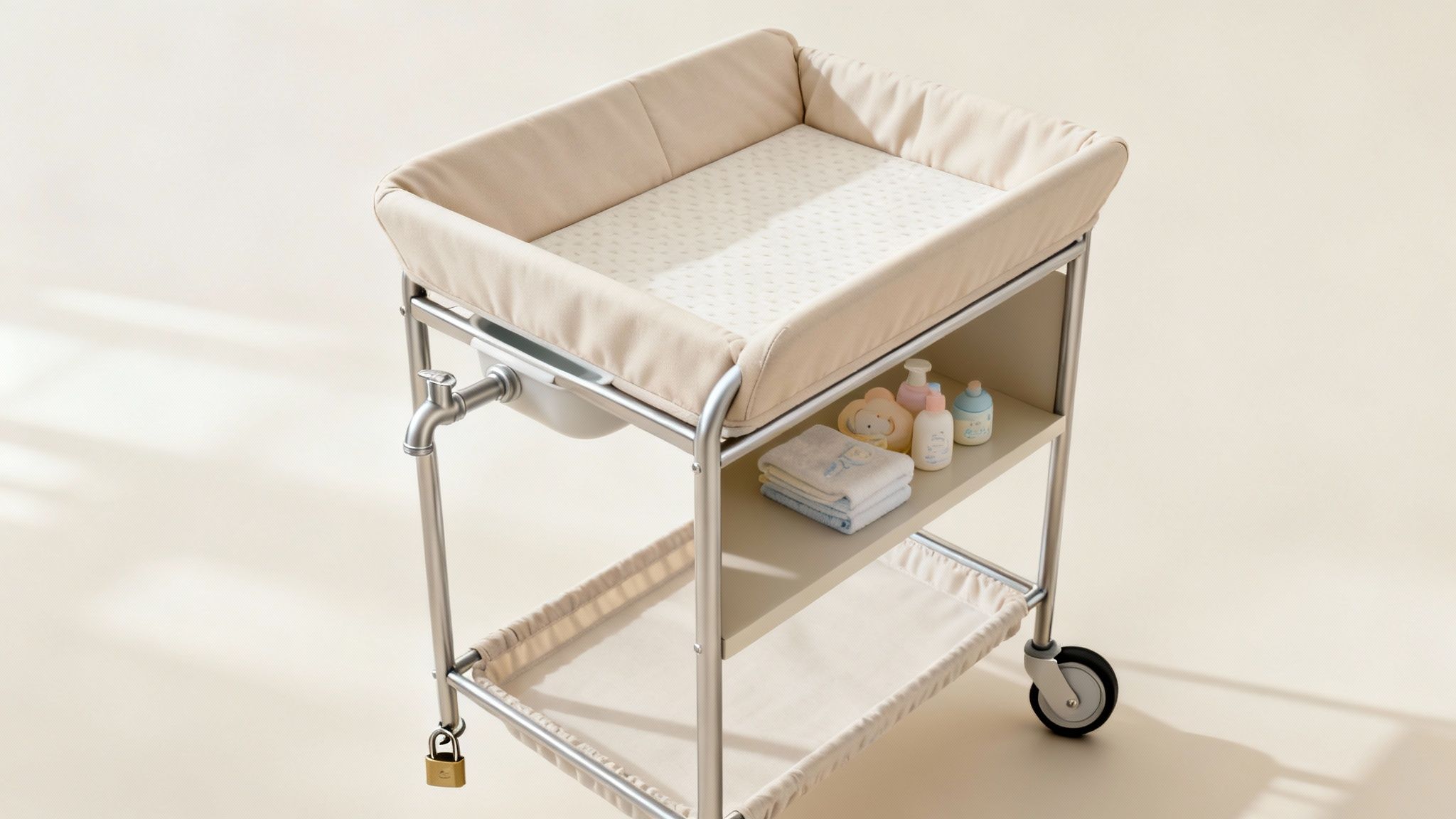 A beige baby changing table with a built-in bath, toiletries, towels, and wheels.