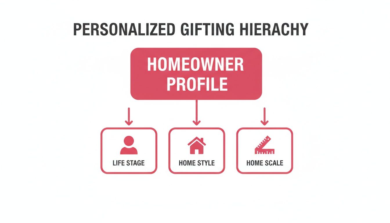 Flowchart detailing a personalized gifting hierarchy based on homeowner profile, life stage, home style, and home scale.