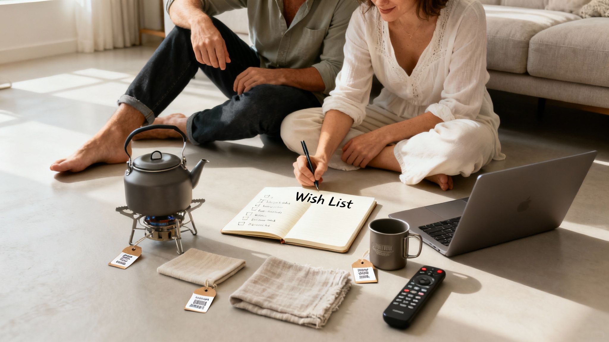 A couple sits on the floor, making a 'Wish List' in a notebook with camping gear and a laptop nearby.
