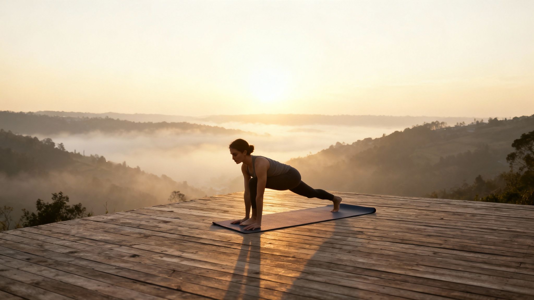 A woman in a yoga lunge pose on a wooden deck overlooking a misty mountain valley at sunrise.