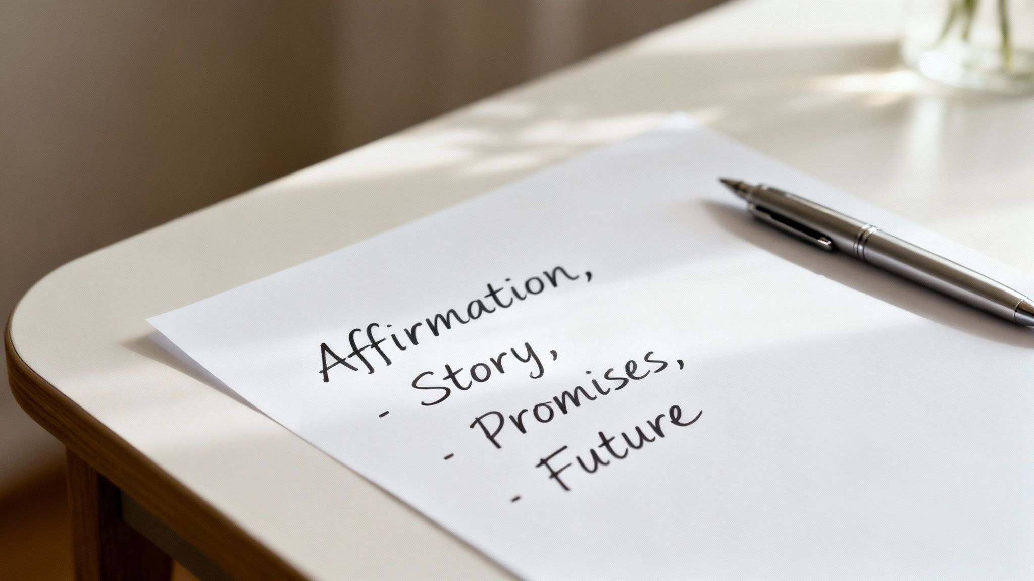 A white paper with 'Affirmation, Story, Promises, Future' written, next to a silver pen on a desk.