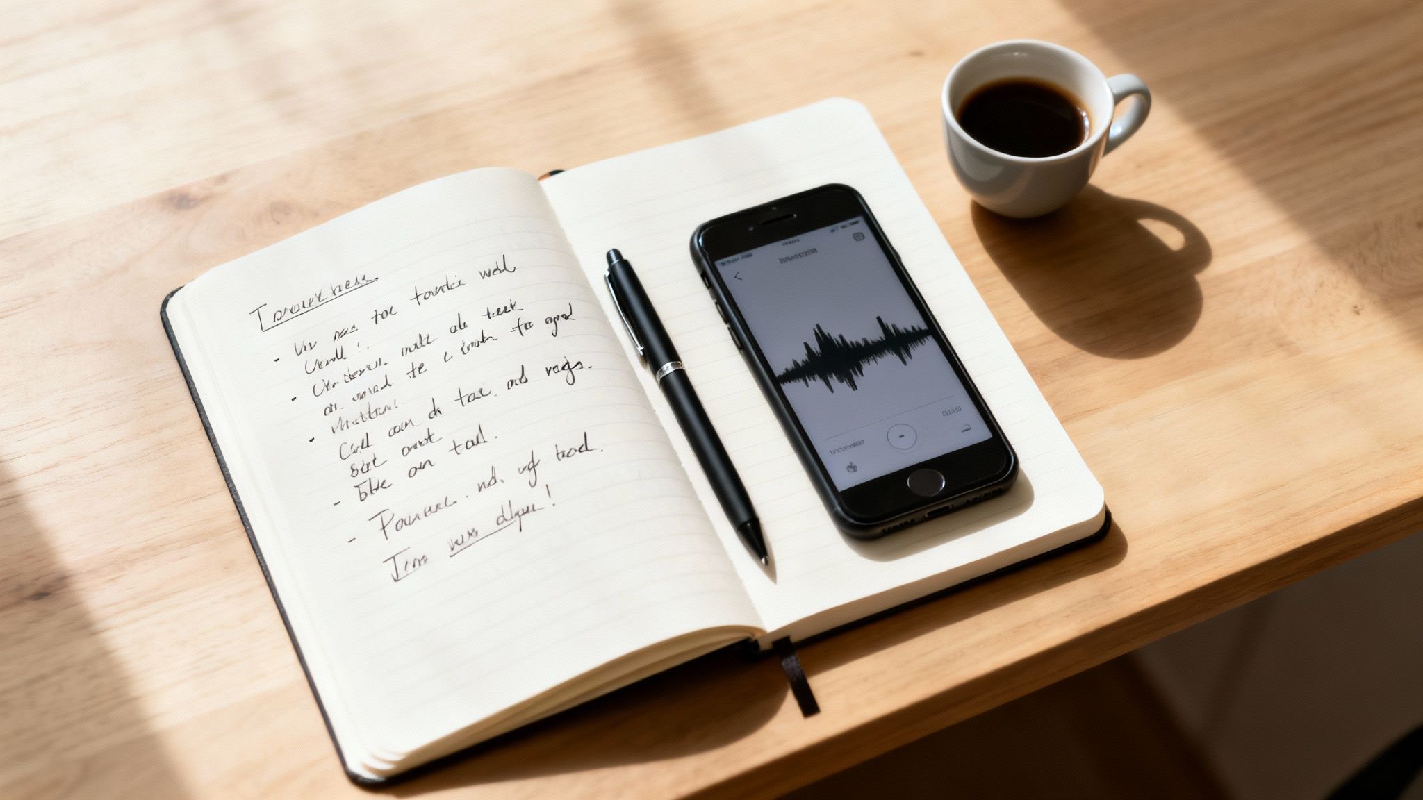 A flat lay shot of a notebook, pen, smartphone with a sound wave, and coffee cup on a wooden desk.