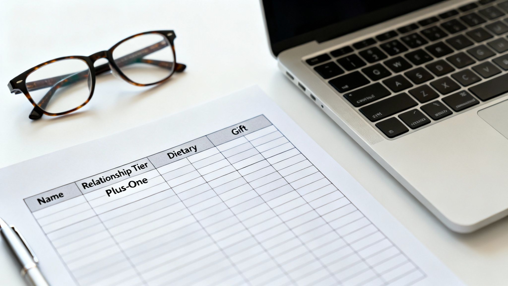 Close-up of a wedding guest list template with glasses, a pen, and a laptop keyboard.