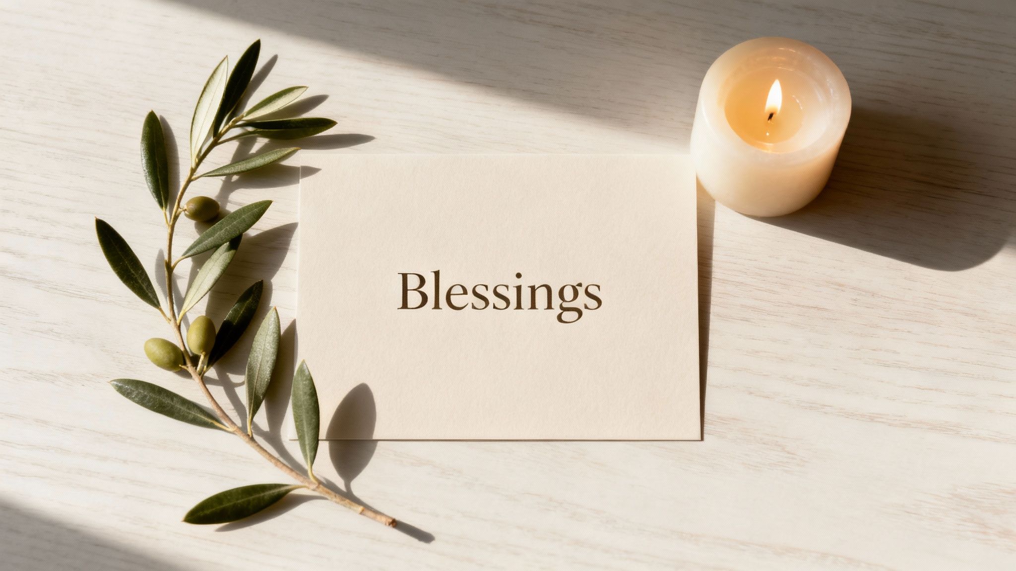 A cream-colored note with 'Blessings' on it, an olive branch, and a lit candle on a wooden surface.