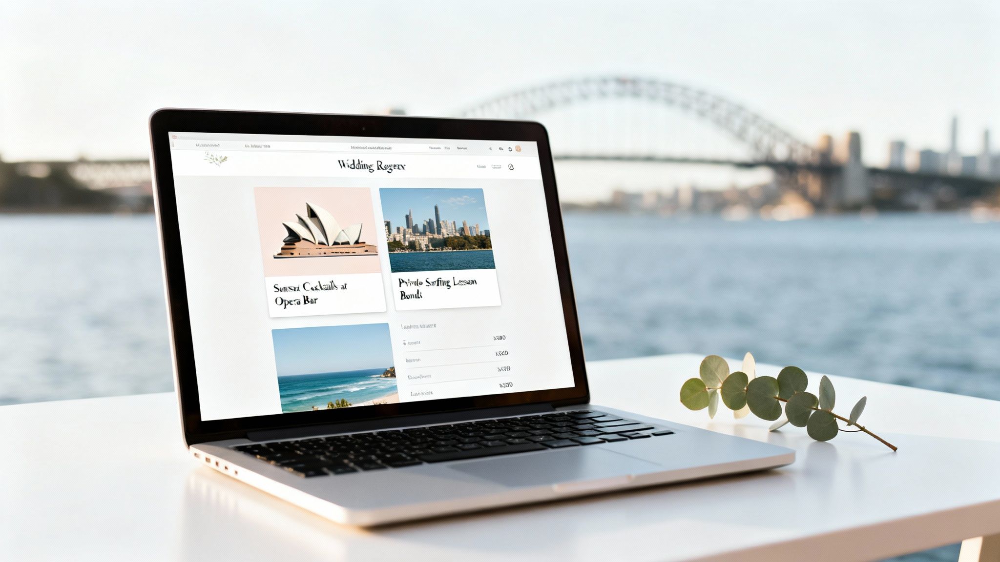 A laptop on a table displaying a wedding registry website, with Sydney landmarks in the background.