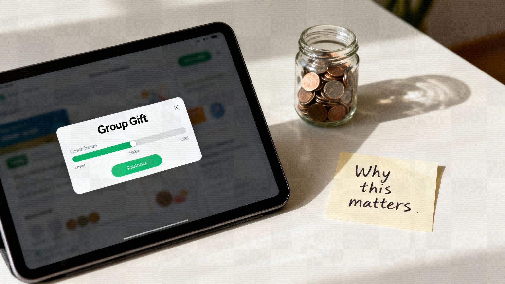 A person thoughtfully adding a note to a gift registry item on a tablet.