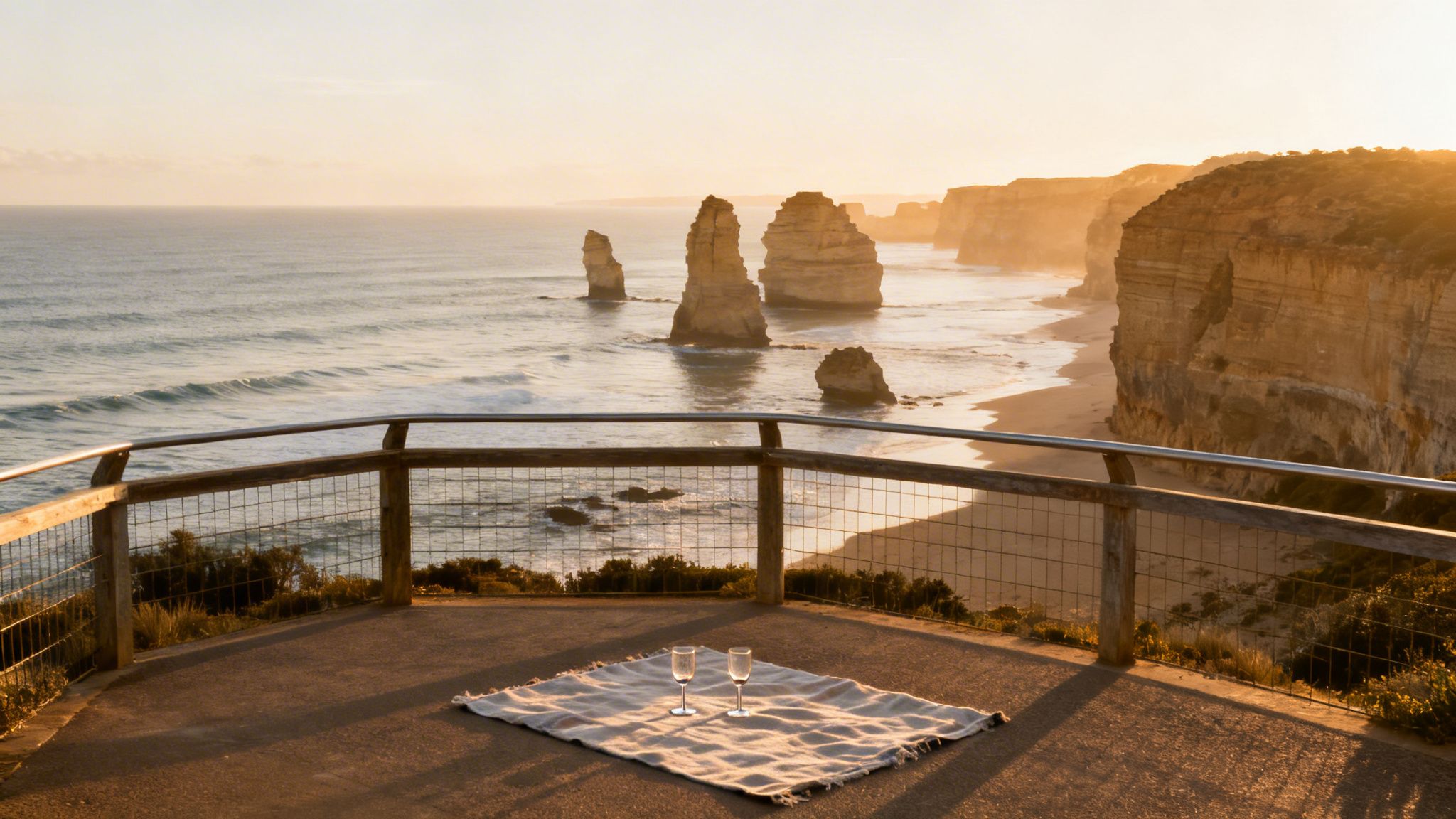 A romantic sunset view of the Twelve Apostles from a lookout with a blanket and two wine glasses.