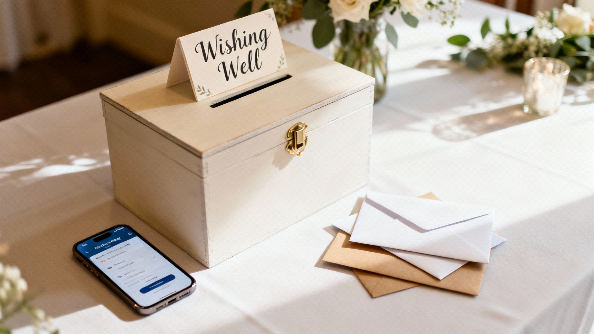 A wishing well box with a sign on a white table, next to a smartphone and envelopes, at a wedding.