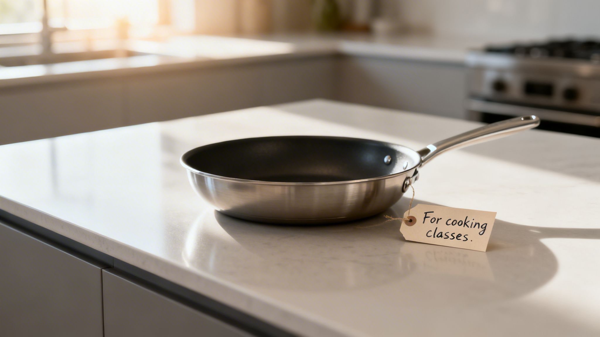 A stainless steel frying pan with a 'For cooking classes' tag sits on a modern kitchen counter.