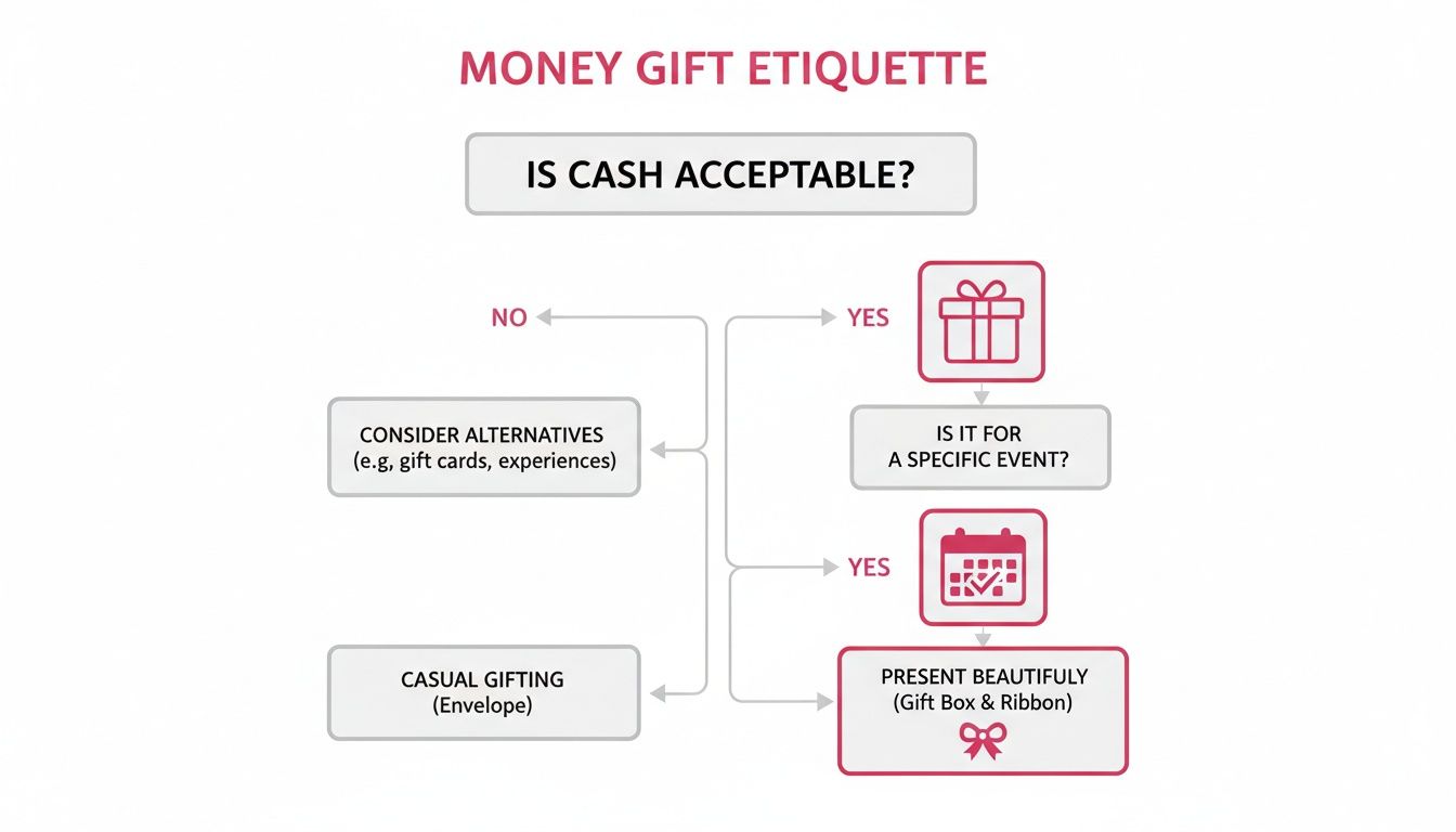 Flowchart detailing money gift etiquette: whether cash is acceptable and how to present it for different occasions.