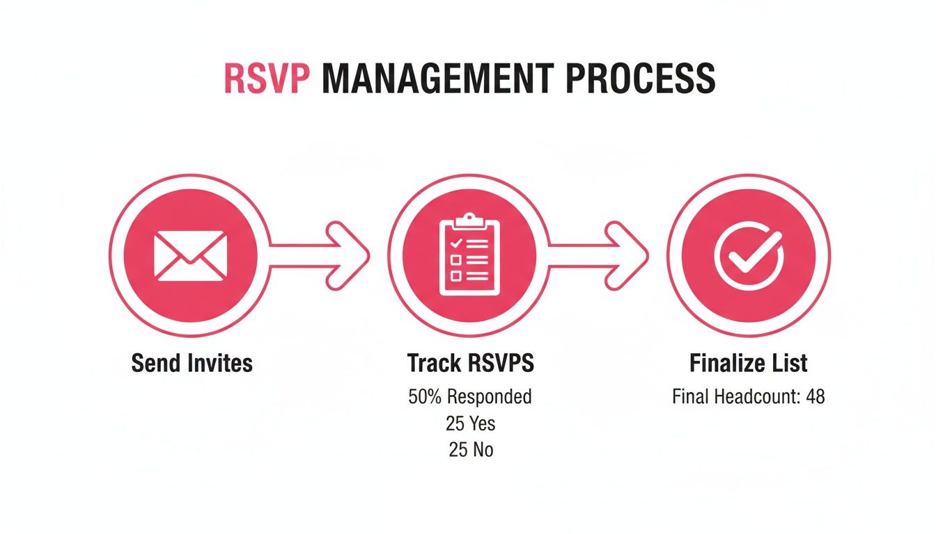 Infographic illustrating an RSVP management process with steps for sending invites, tracking responses, and finalizing the guest list.