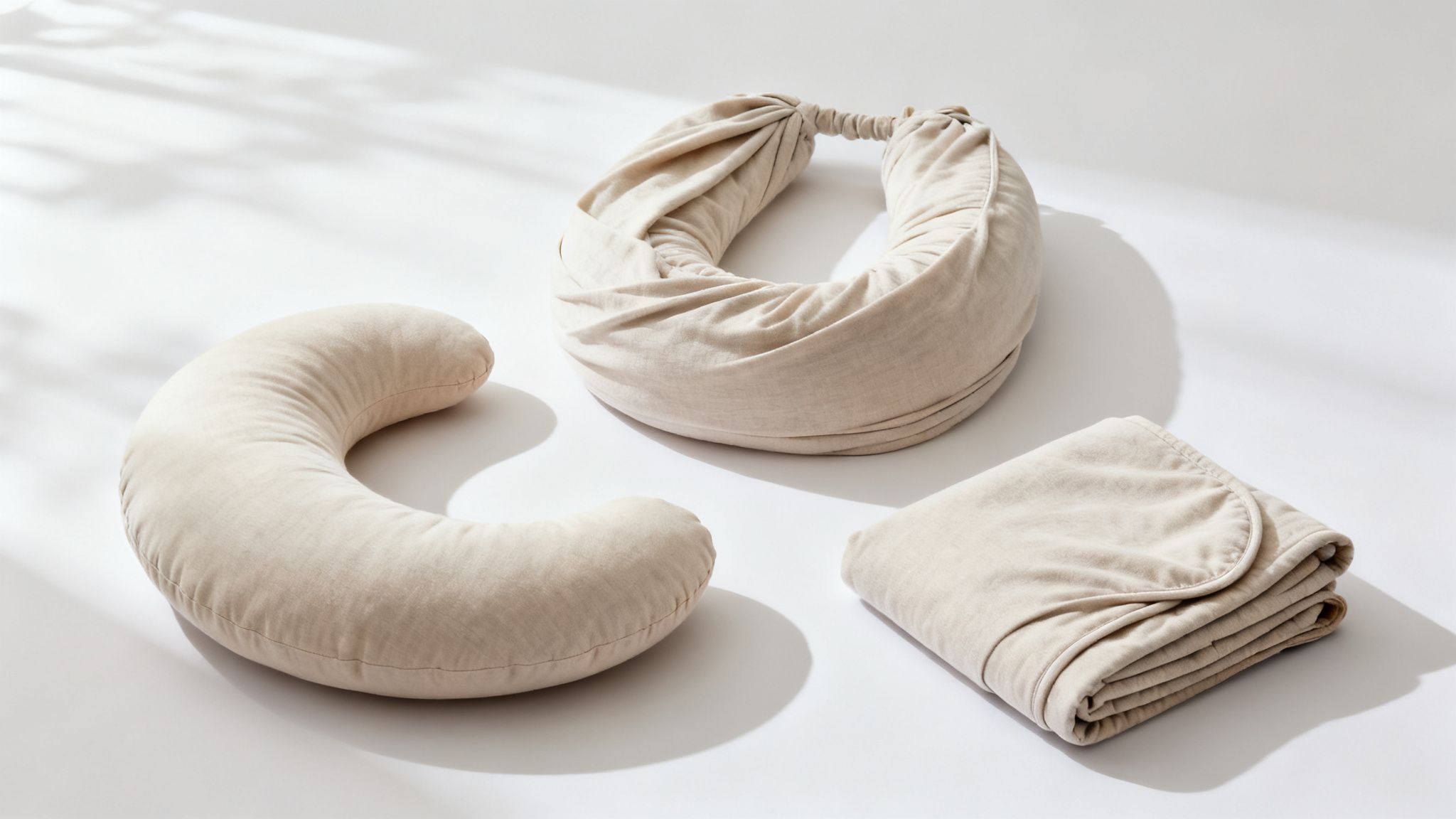 A soft beige C-shaped nursing pillow, a flexible travel neck pillow, and a folded blanket.