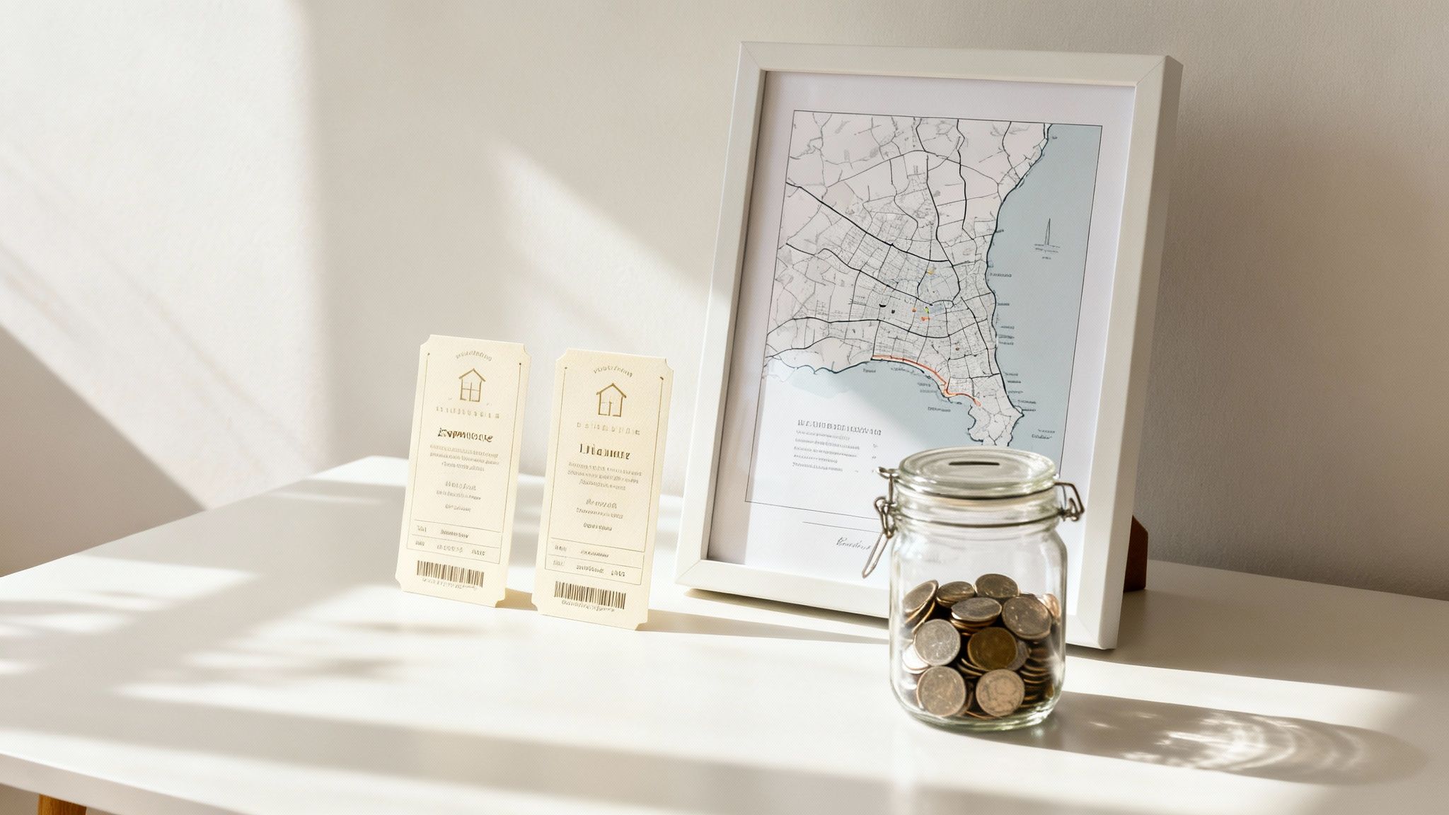 A desk with two financial cards, a framed city map, and a glass jar of coins for saving.