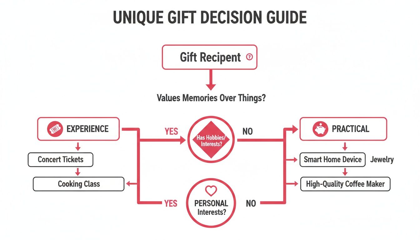 A unique gift decision guide flowchart to help choose the perfect present based on recipient's preferences.