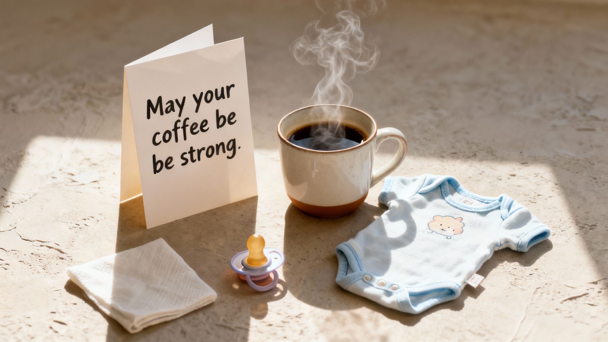 A card saying 'May your coffee be strong' beside a steaming mug, baby onesie, pacifier, and cloth.