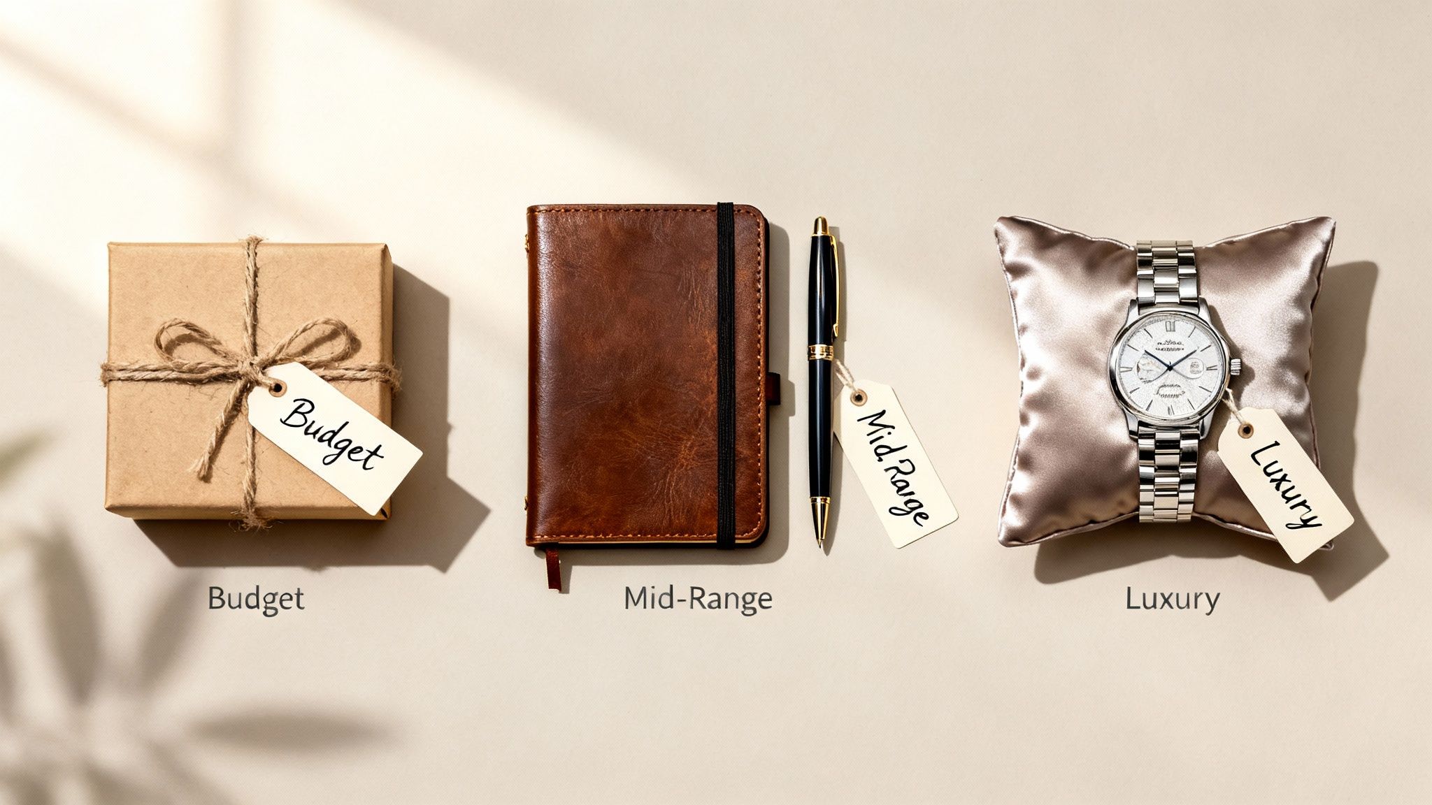 Three gift options are displayed: a budget-friendly wrapped box, a mid-range notebook and pen, and a luxury watch.