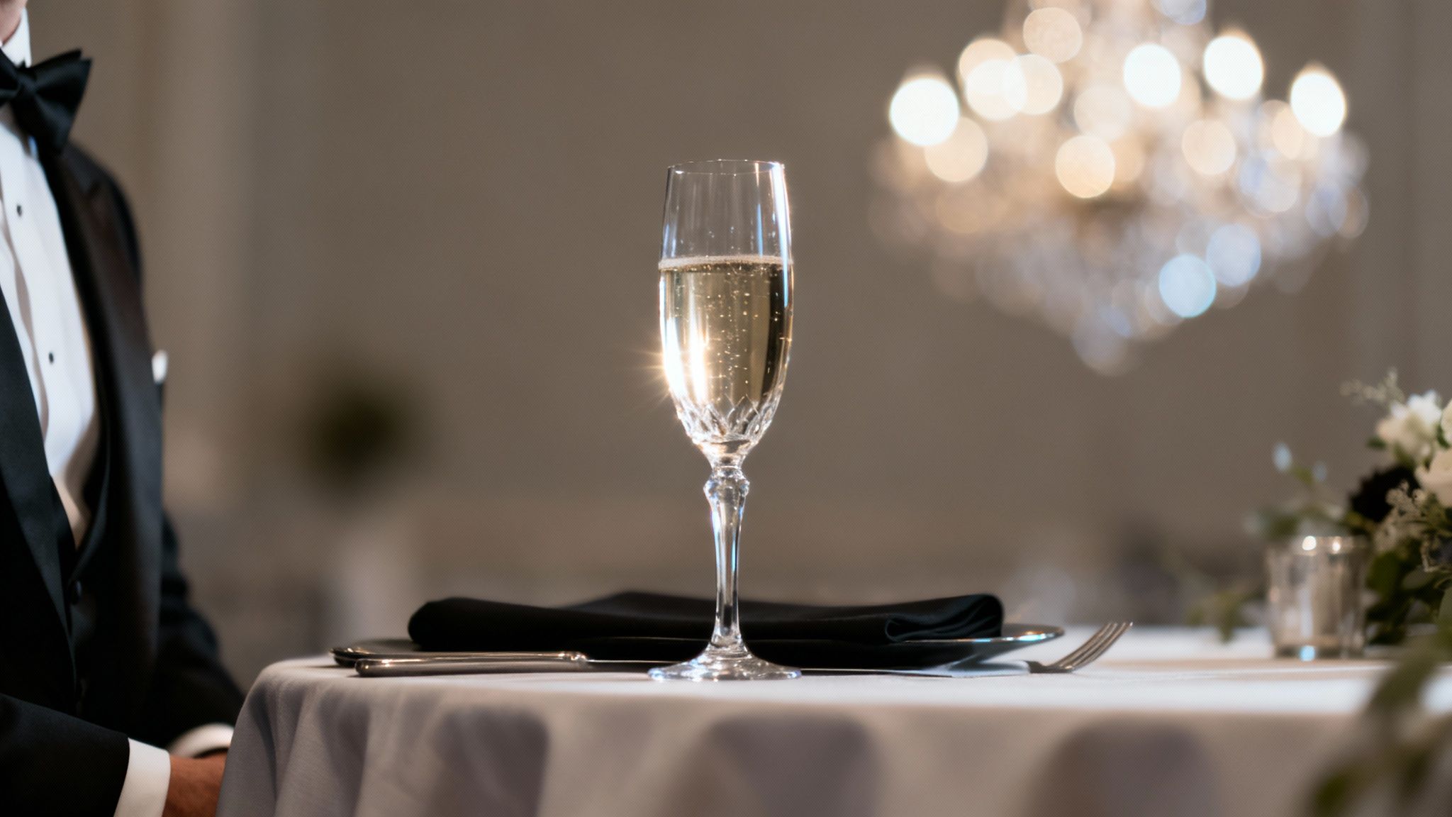 Man in tuxedo at a formal dinner table with a sparkling champagne flute and elegant decor.