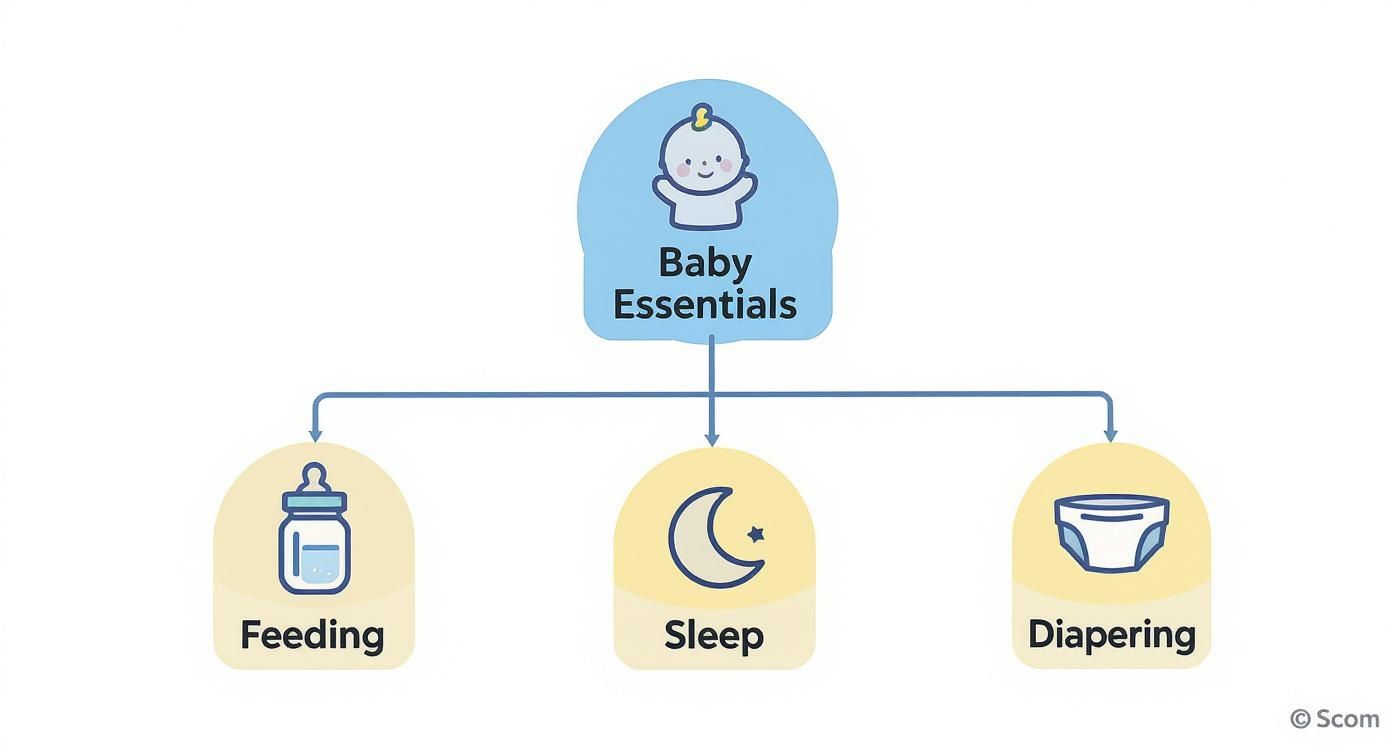A flowchart illustrating baby essentials, categorized into feeding, sleep, and diapering, with corresponding icons.