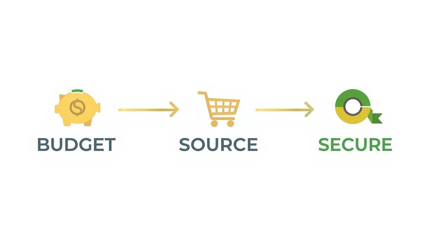 Budget source secure procurement process diagram showing piggy bank shopping cart and security badge icons