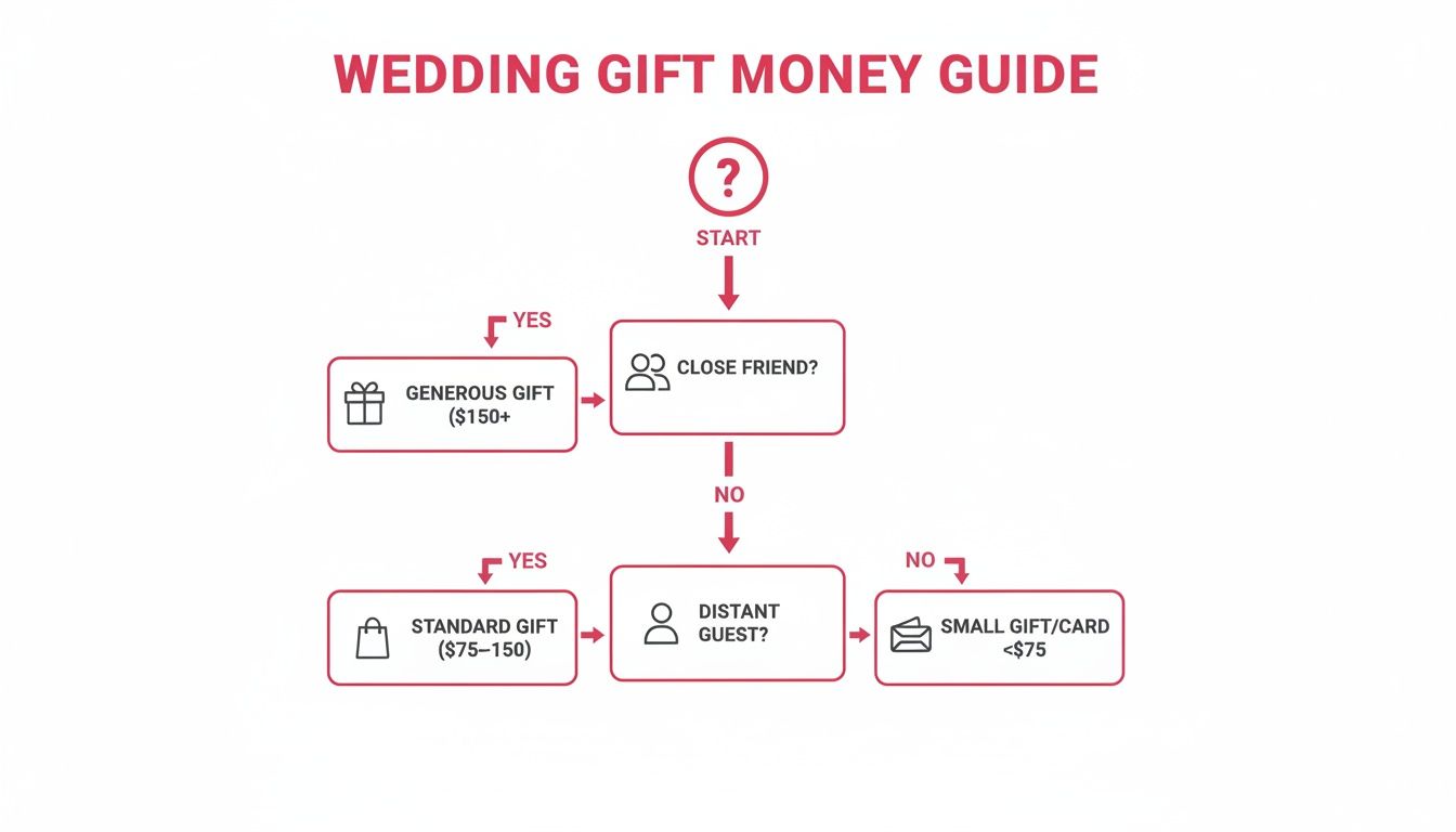 A flowchart guide on wedding gift money, detailing amounts for close friends, distant guests, and others.
