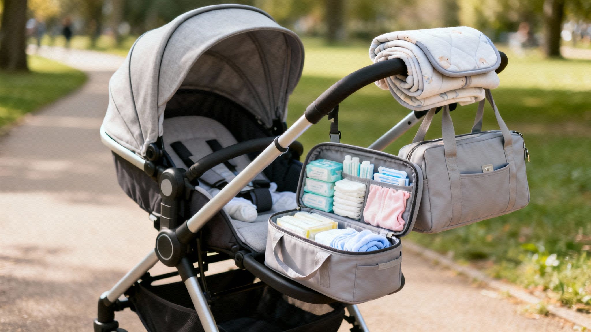 A grey baby stroller outdoors with a hanging organizer bag filled with diapers, wipes, and baby clothes.