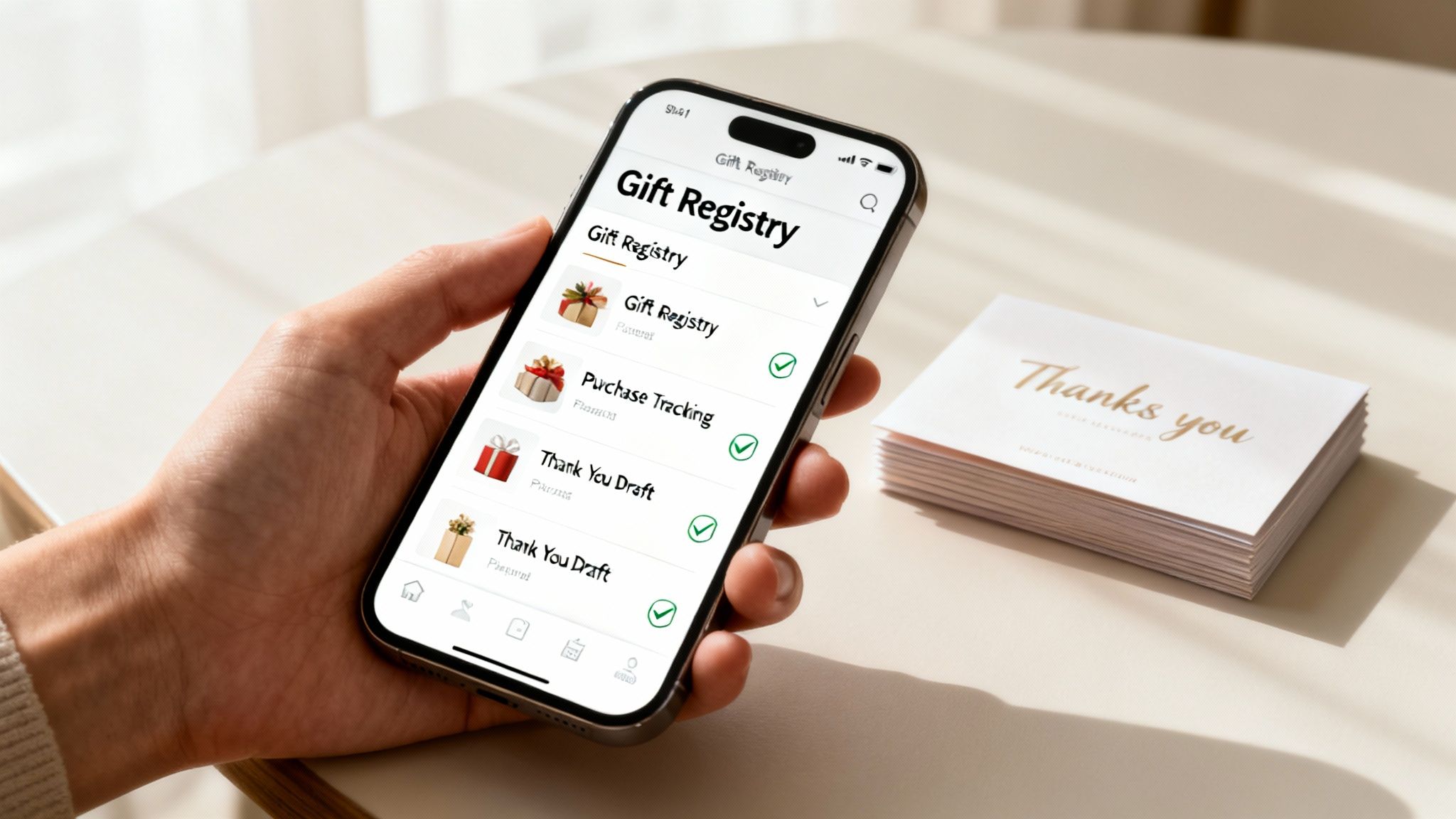 A hand holding a smartphone displaying a gift registry app, with thank you cards beside it.