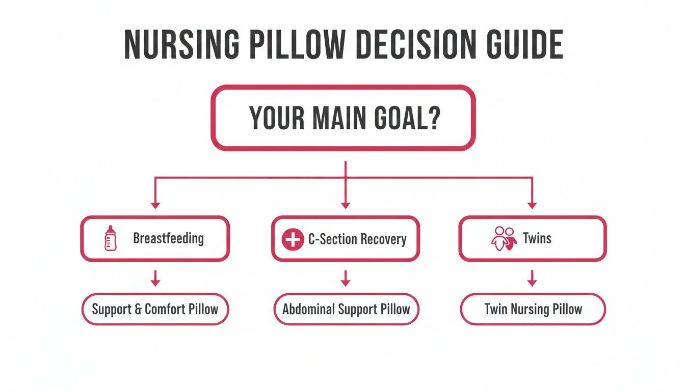 A nursing pillow decision guide flowchart helps choose the right pillow for breastfeeding, C-section recovery, or twins.