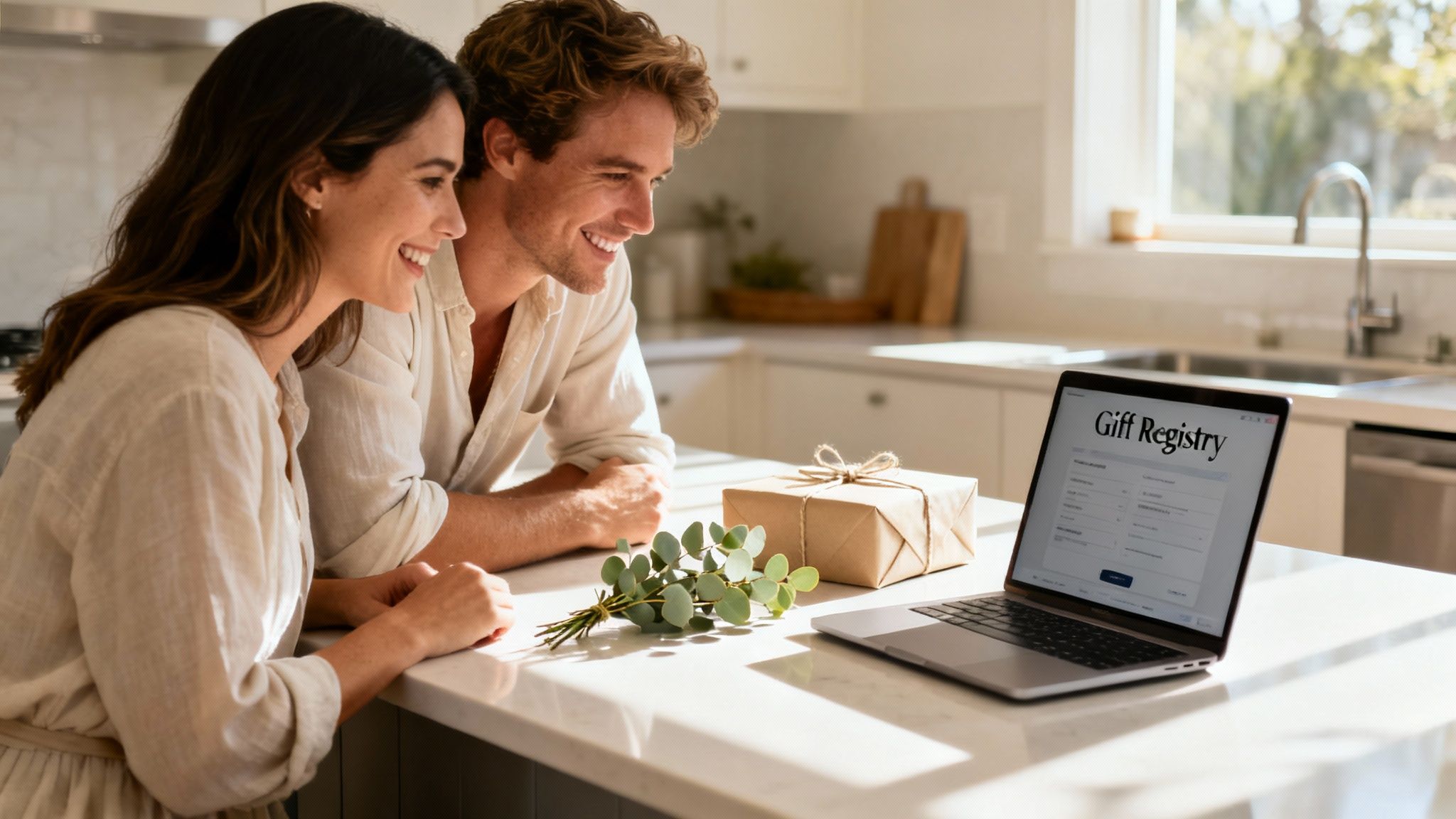 A smiling couple looks at a laptop displaying a 'Gift Registry' in a bright kitchen.