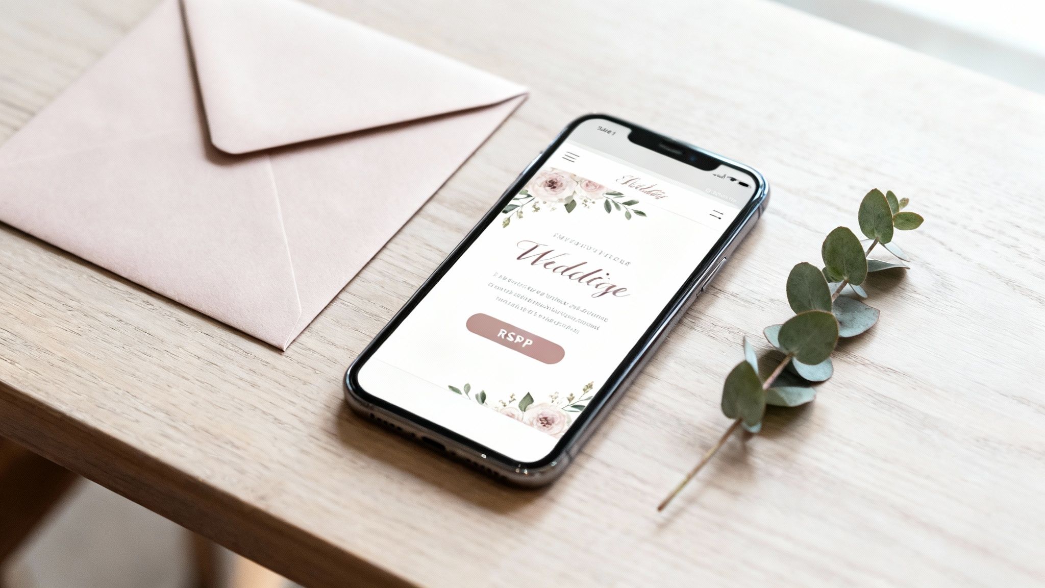 A smartphone displays a wedding website with floral decor, next to a pink envelope and eucalyptus branch on a wooden table.