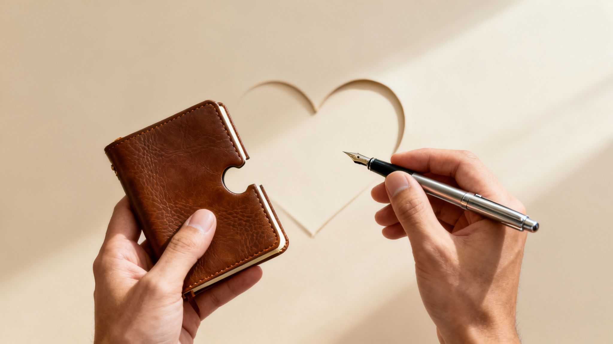 Hands hold a puzzle-piece journal and fountain pen, with a heart cutout on beige paper.