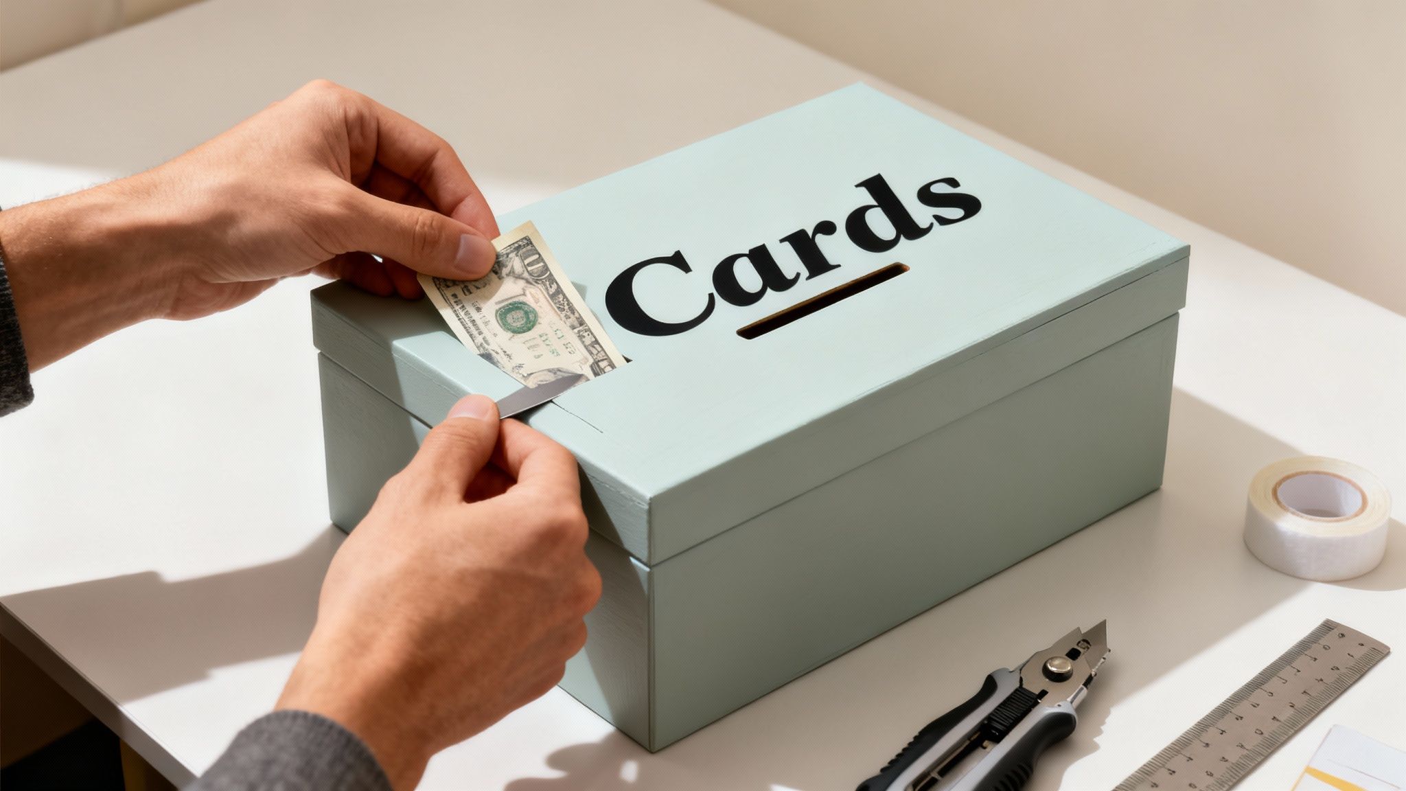 Hands placing a US dollar bill into a light blue box with