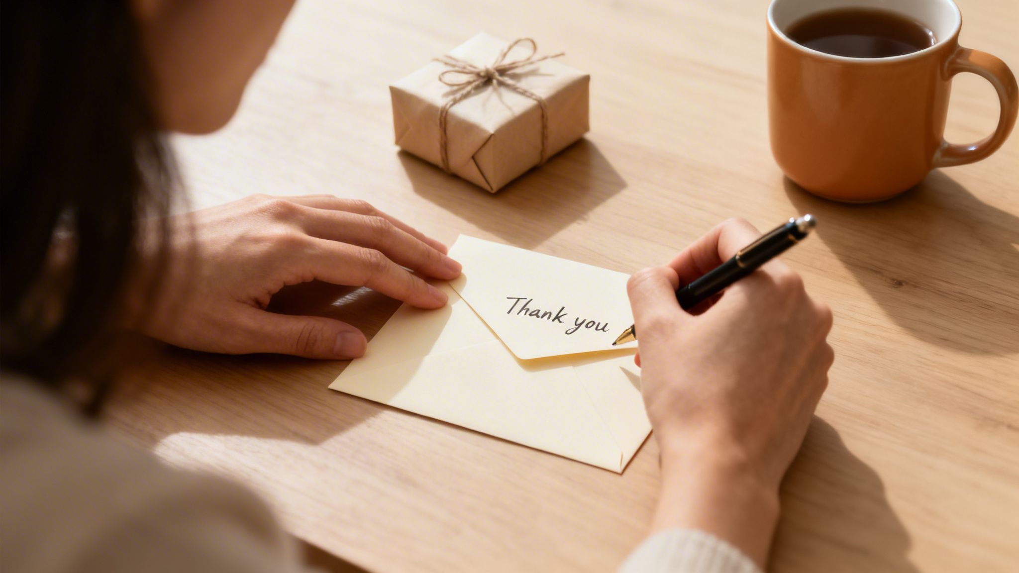 A person writing 'Thank you' on a card, with a gift and coffee mug on a wooden table.