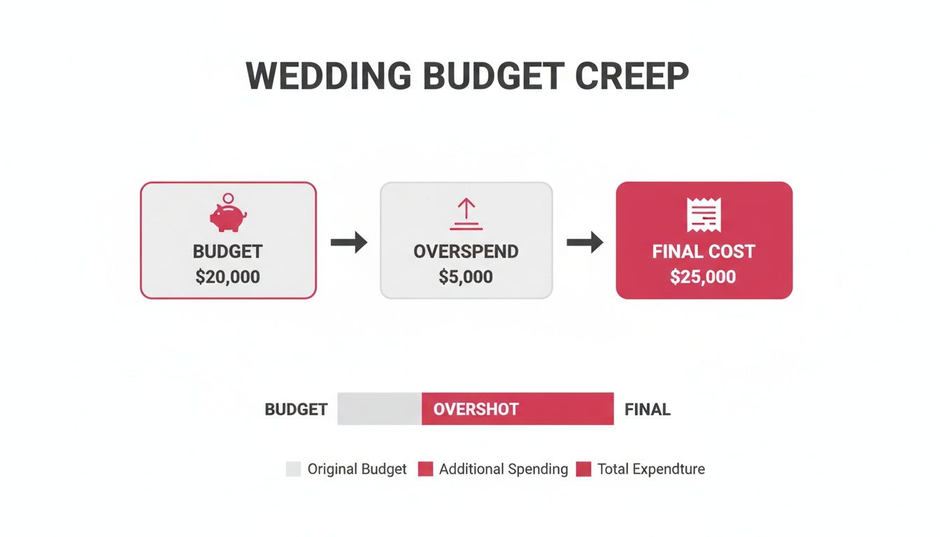 A diagram illustrates wedding budget creep, showing an initial $20,000 budget, $5,000 overspend, and a final cost of $25,000.