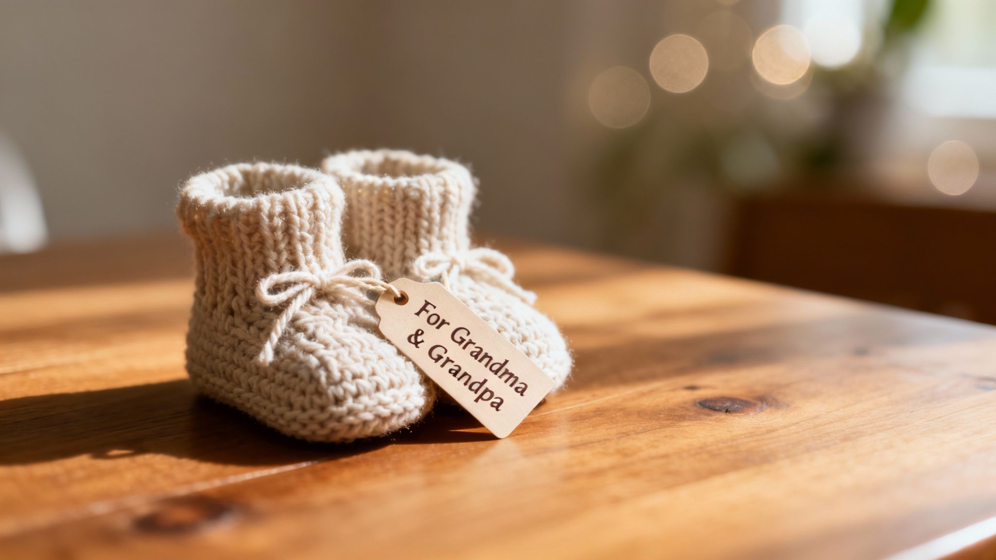 A pair of handmade knitted baby booties with a 'For Grandma & Grandpa' tag on a wooden table.