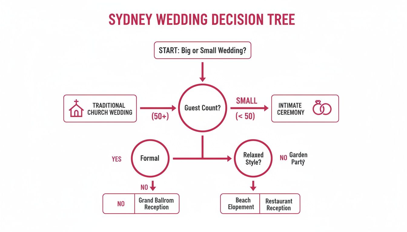 Decision tree for Sydney weddings, guiding choices based on guest count and style preferences.