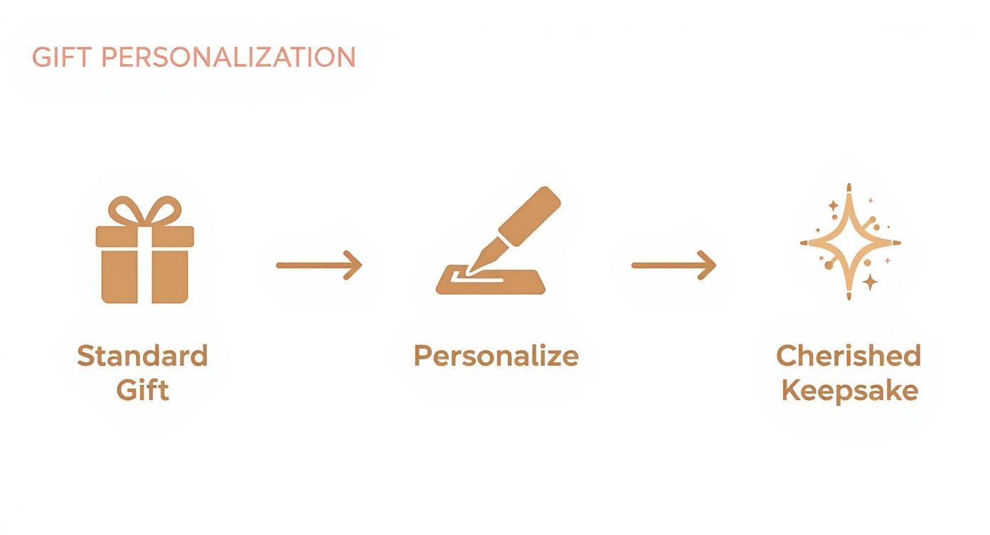 Flowchart illustrating gift personalization: transforming a standard gift into a cherished keepsake.