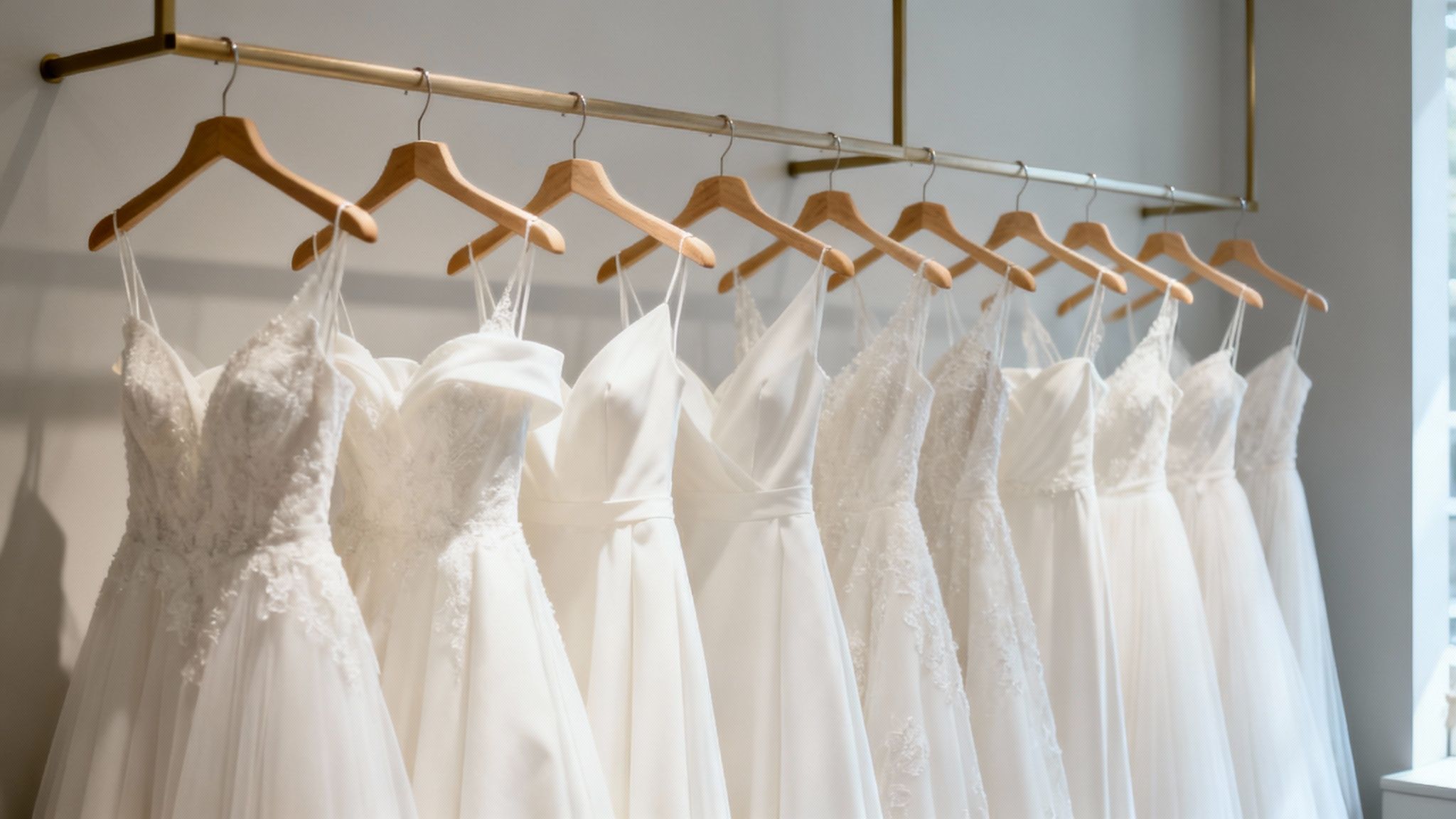A bride in a beautiful wedding dress looking out a window.