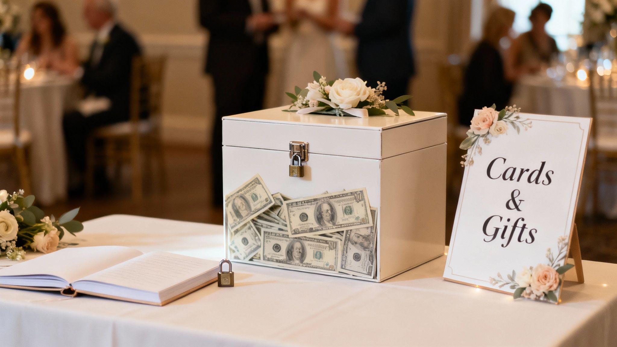 A white money gift box overflowing with cash, a guest book, and a 'Cards & Gifts' sign.