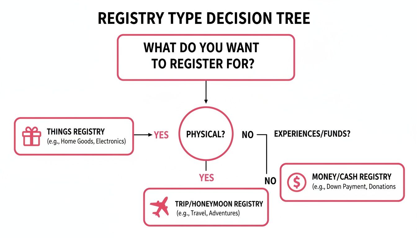 Decision tree illustrating different registry types: things, trip/honeymoon, and money/cash.
