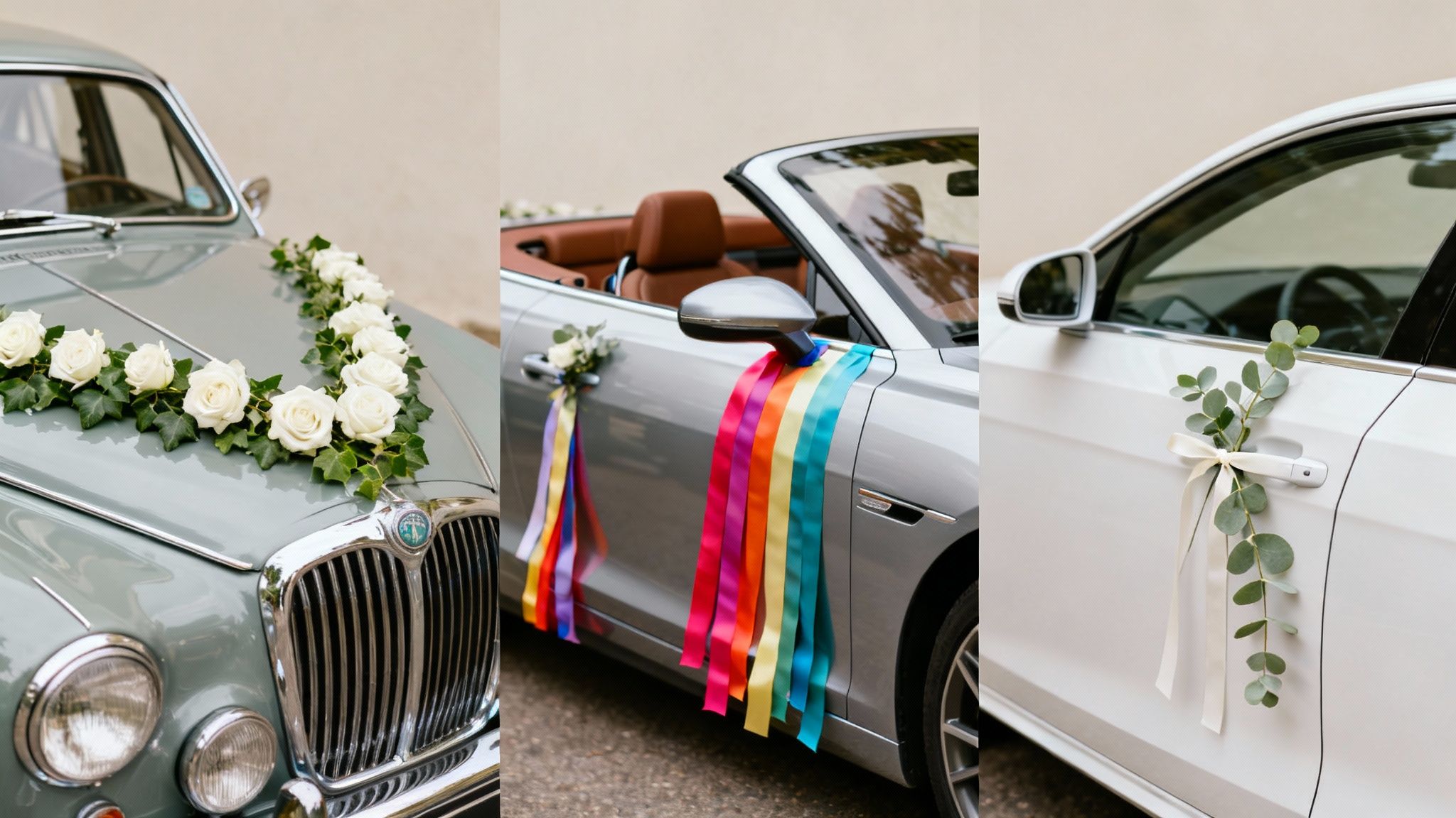 Three different wedding cars decorated with white roses, colorful ribbons, and eucalyptus garlands