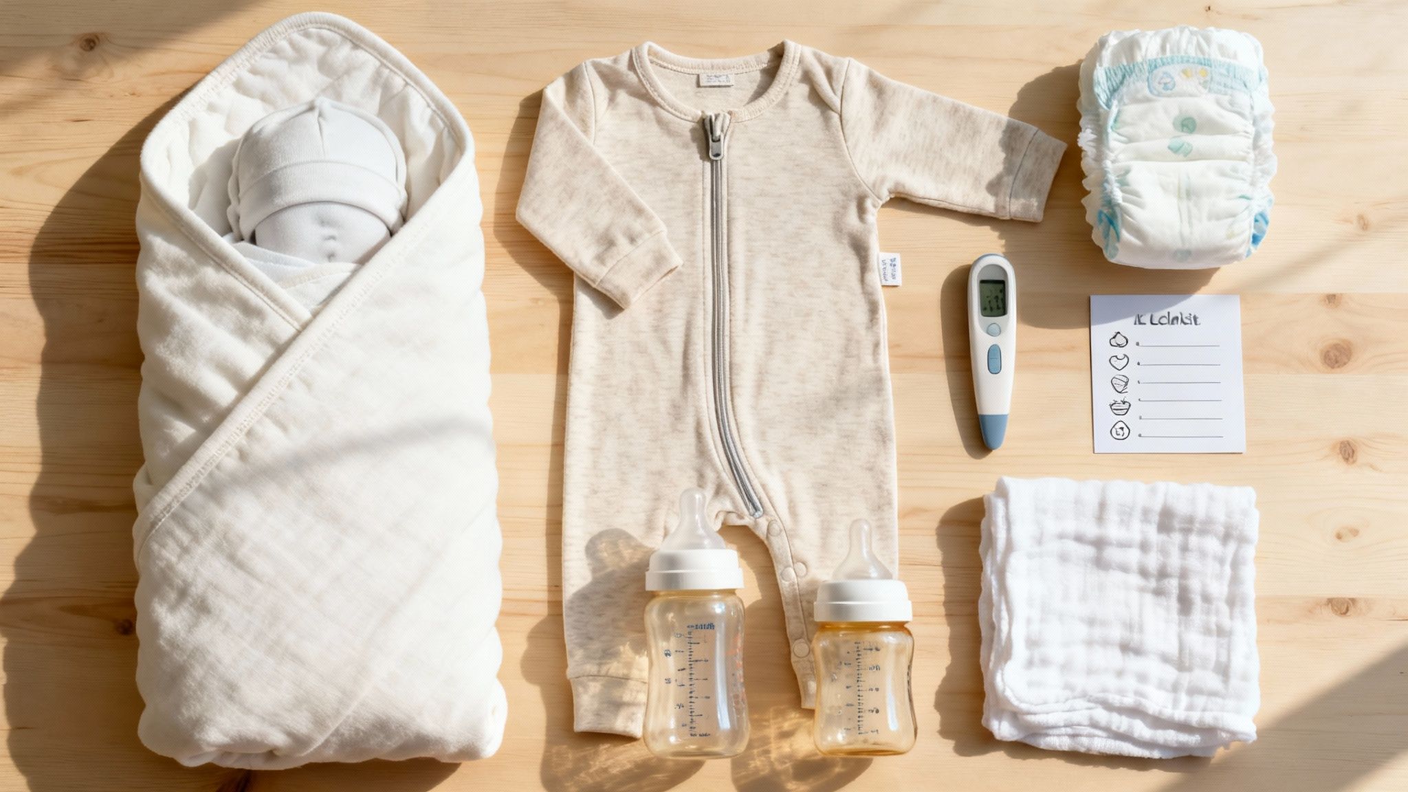 A flat lay of newborn baby essentials including a swaddled doll, onesie, diaper, bottles, and thermometer on wood.