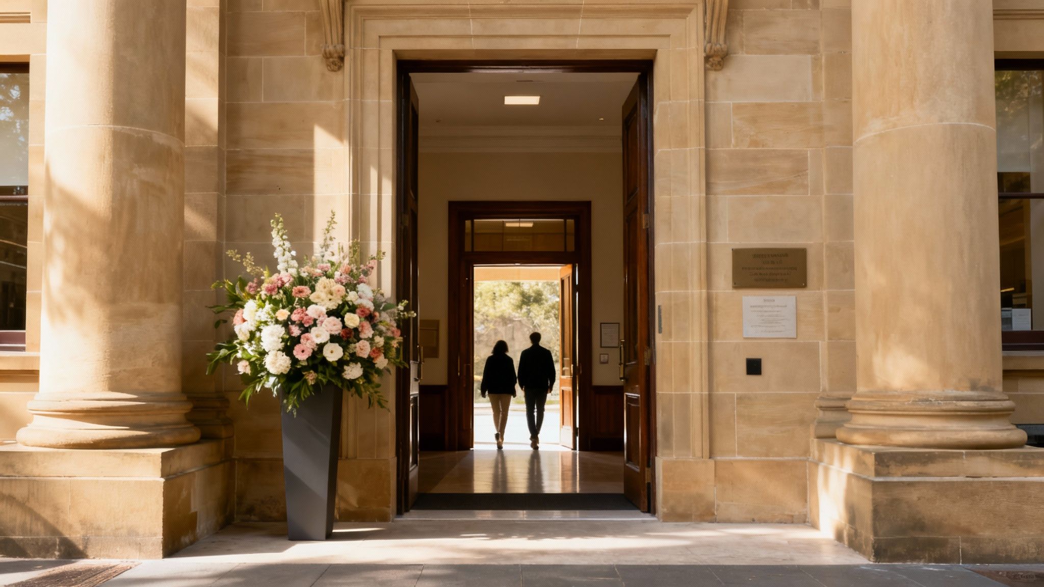 Two people walk through an elegant building entrance adorned with a large floral arrangement.