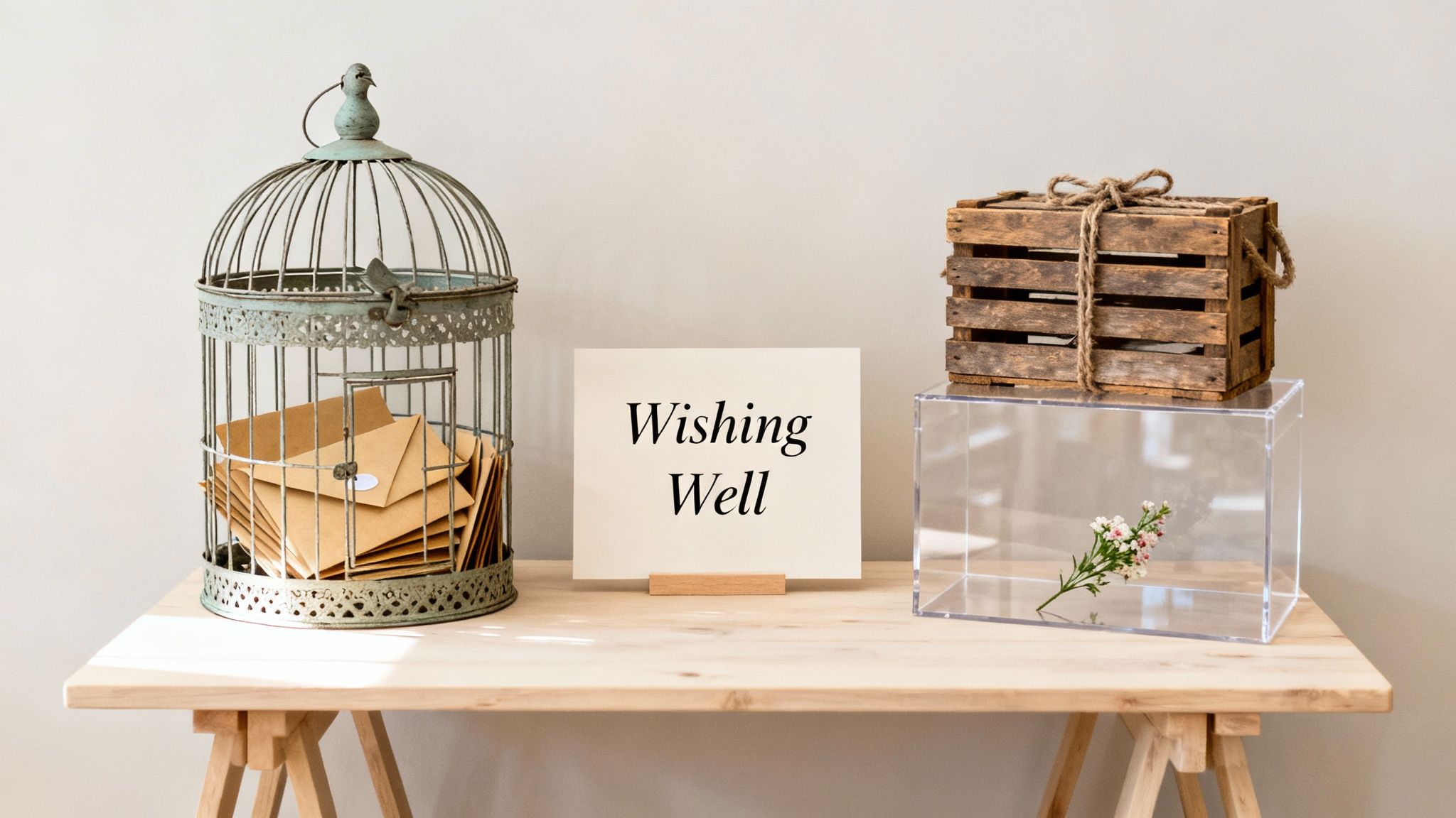 A rustic wedding wishing well setup with a decorative birdcage full of envelopes and a 'Wishing Well' sign.